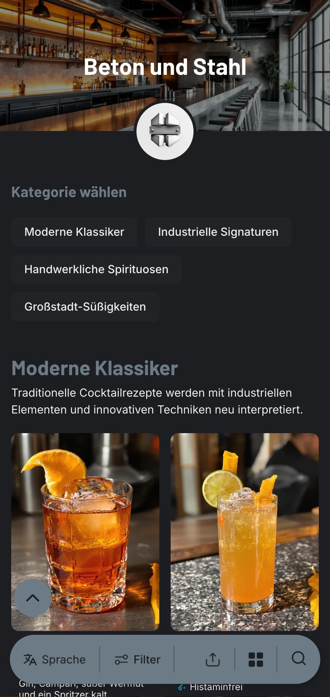 Ein industrielles, urbanes Design für moderne Bars mit Betontexturen und Stahlelementen und einer klaren Typografie.