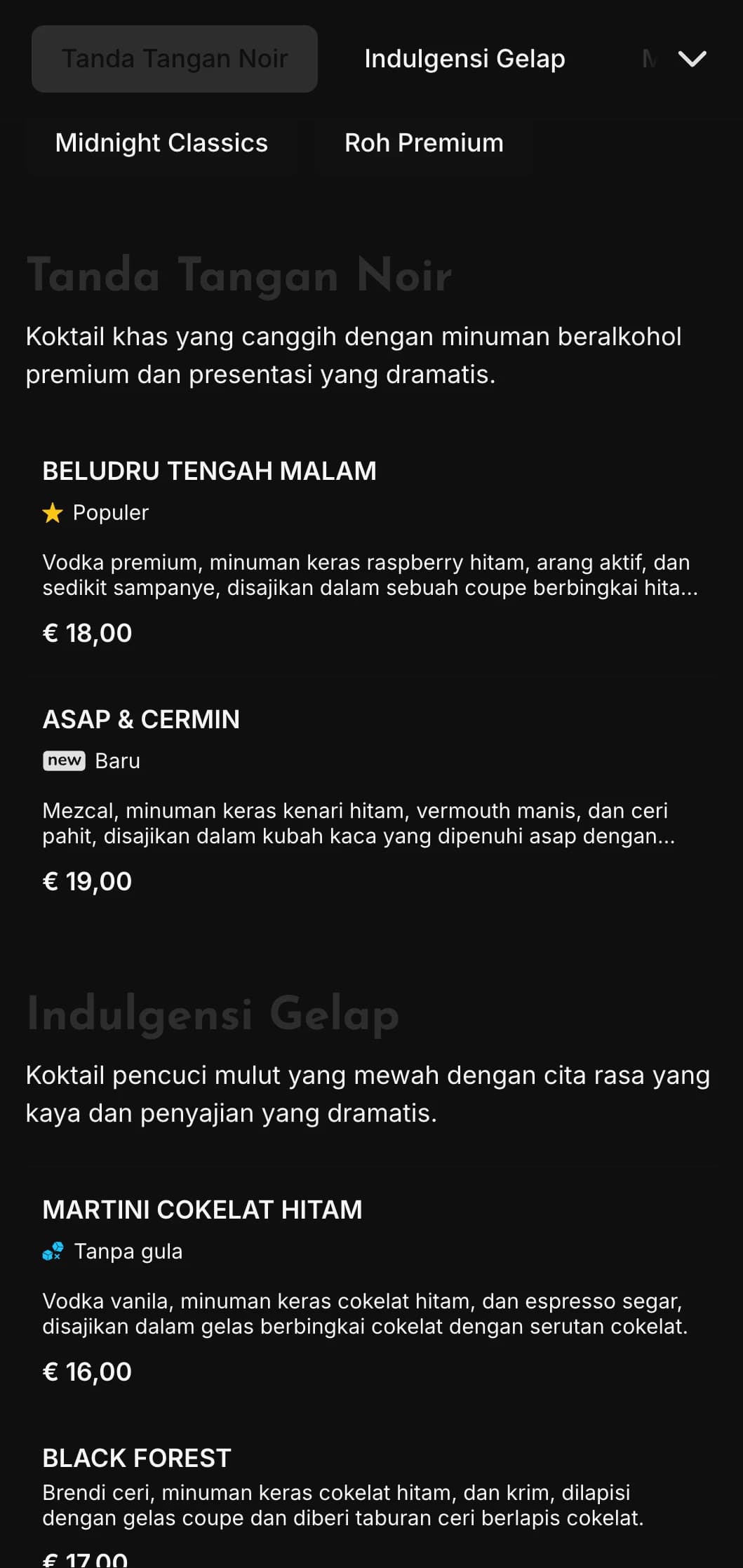 Desain yang ramping dan gelap untuk lounge koktail kontemporer dan klub malam yang menampilkan elemen kontras tinggi dan tipografi yang berani.