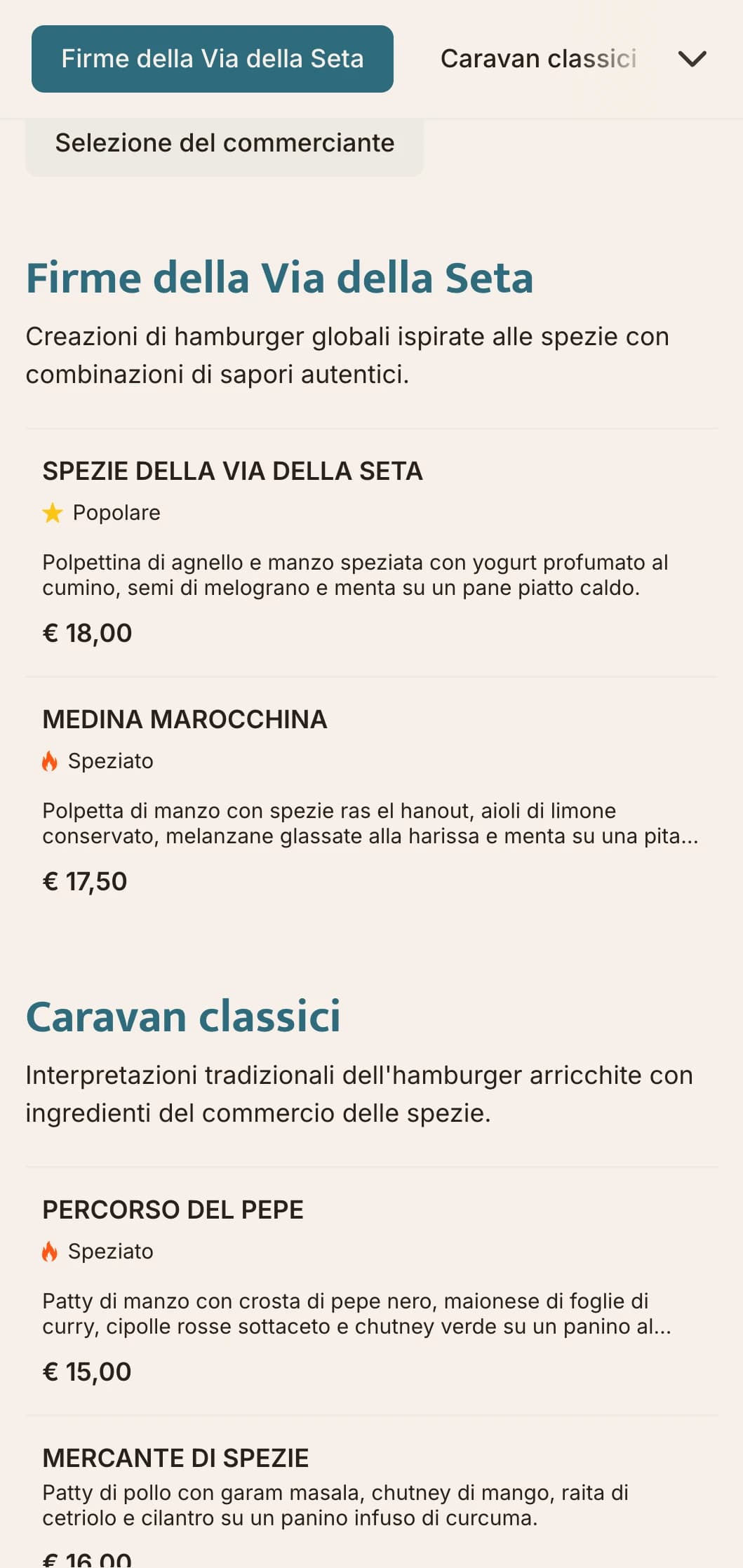 Menu di hamburger ispirati al commercio delle spezie con profili di sapori globali e riferimenti storici.