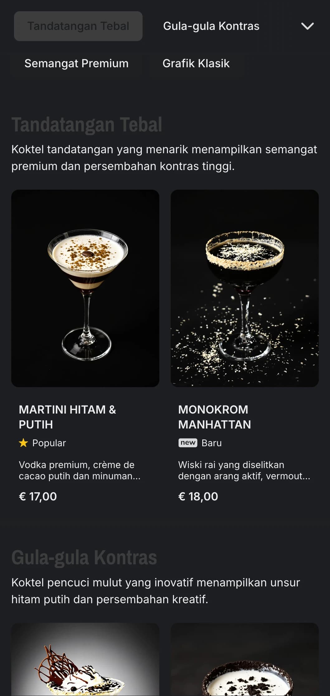 Reka bentuk anggun, hitam dan putih untuk bar koktel kontemporari yang menampilkan kontras yang kuat dan tipografi minimalis.