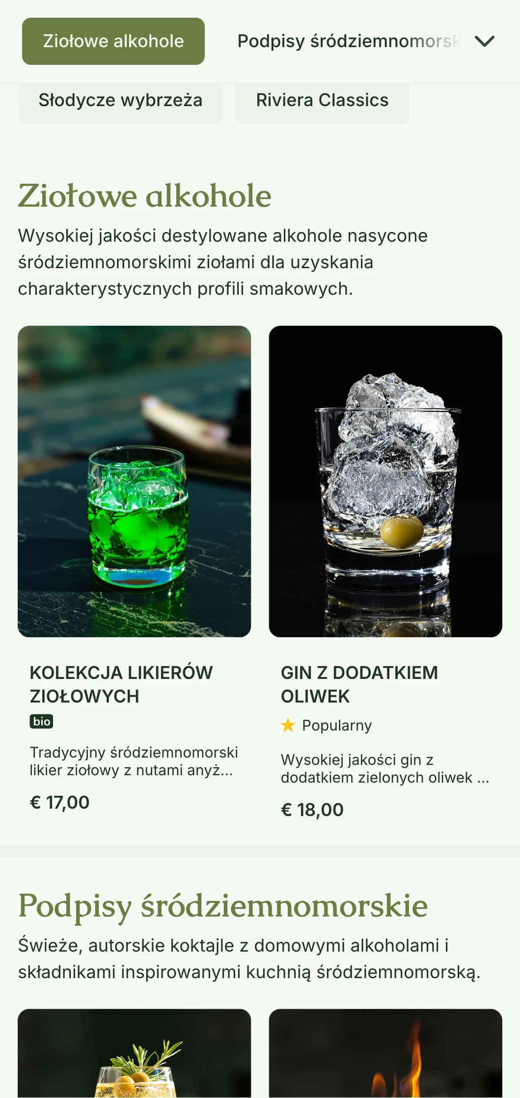 Inspirowany stylem śródziemnomorskim projekt dla barów specjalizujących się w likierach ziołowych i koktajlach botanicznych w odcieniach oliwkowej zieleni.