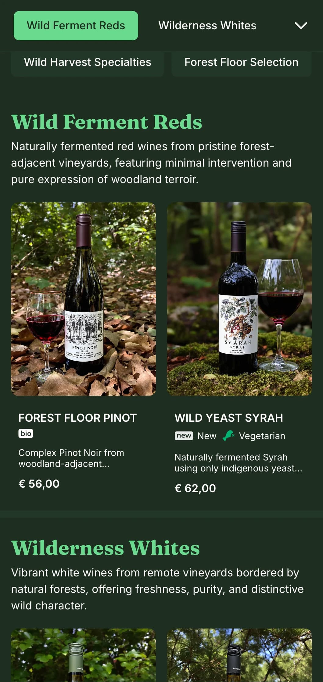 Nature-inspired dark wine list template featuring vibrant green accents against forest backgrounds, perfect for woodland restaurants and rustic wine bars.