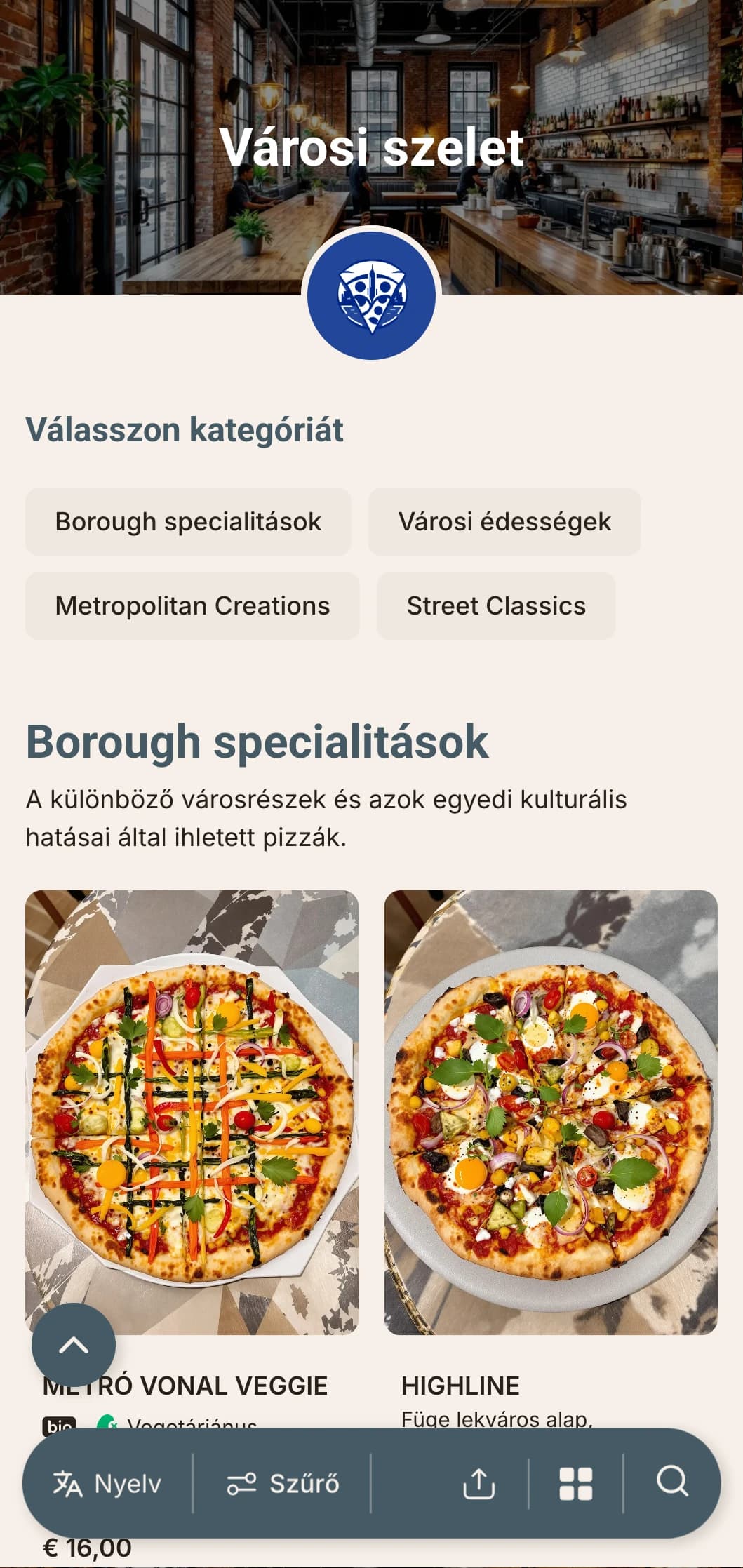 Városi kortárs pizzamenü ipari dizájnelemekkel, tökéletes a belvárosi pizzériák számára.