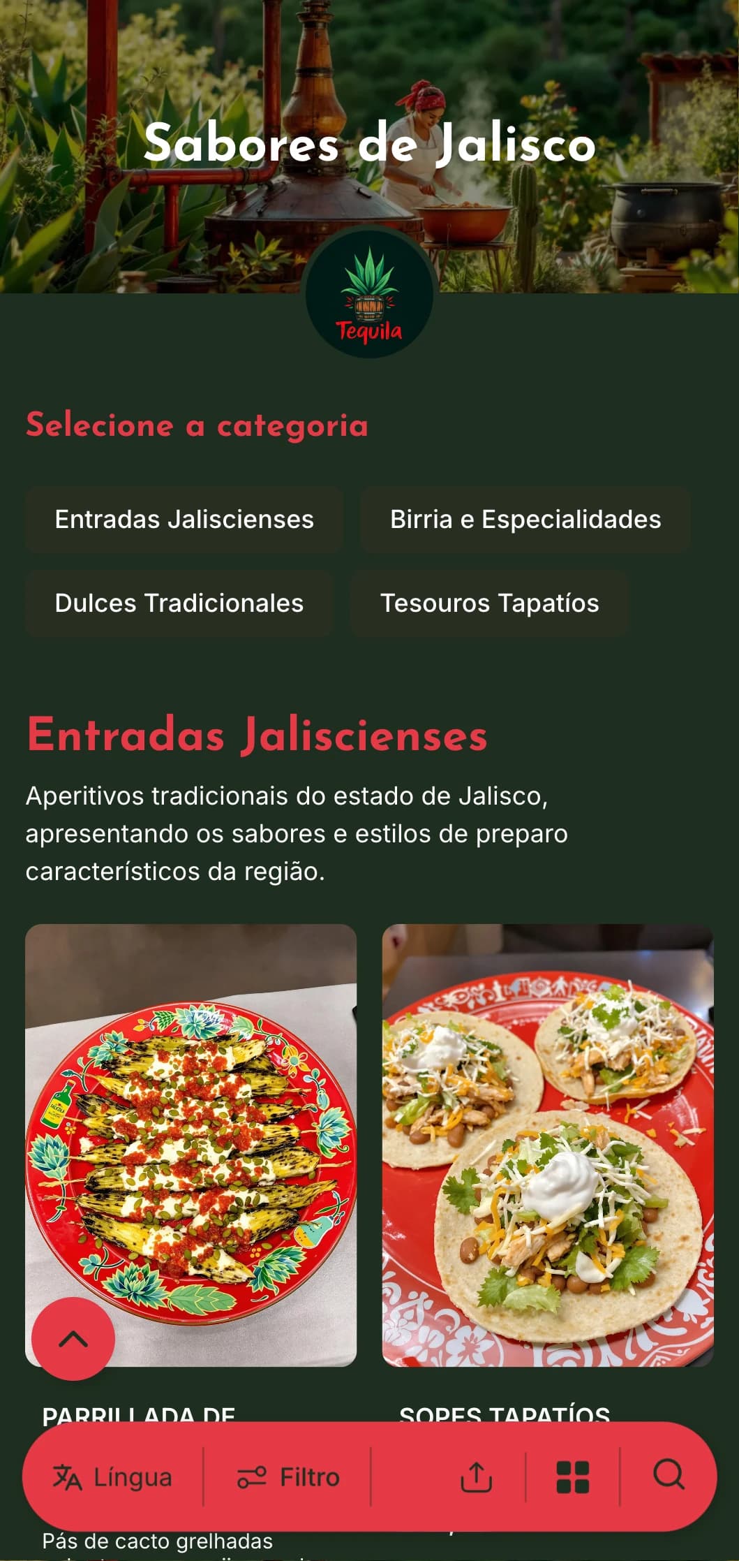 Cardápio vibrante e saboroso com especialidades de Jalisco, incluindo tequila, birria e pratos tradicionais inspirados no mariachi.