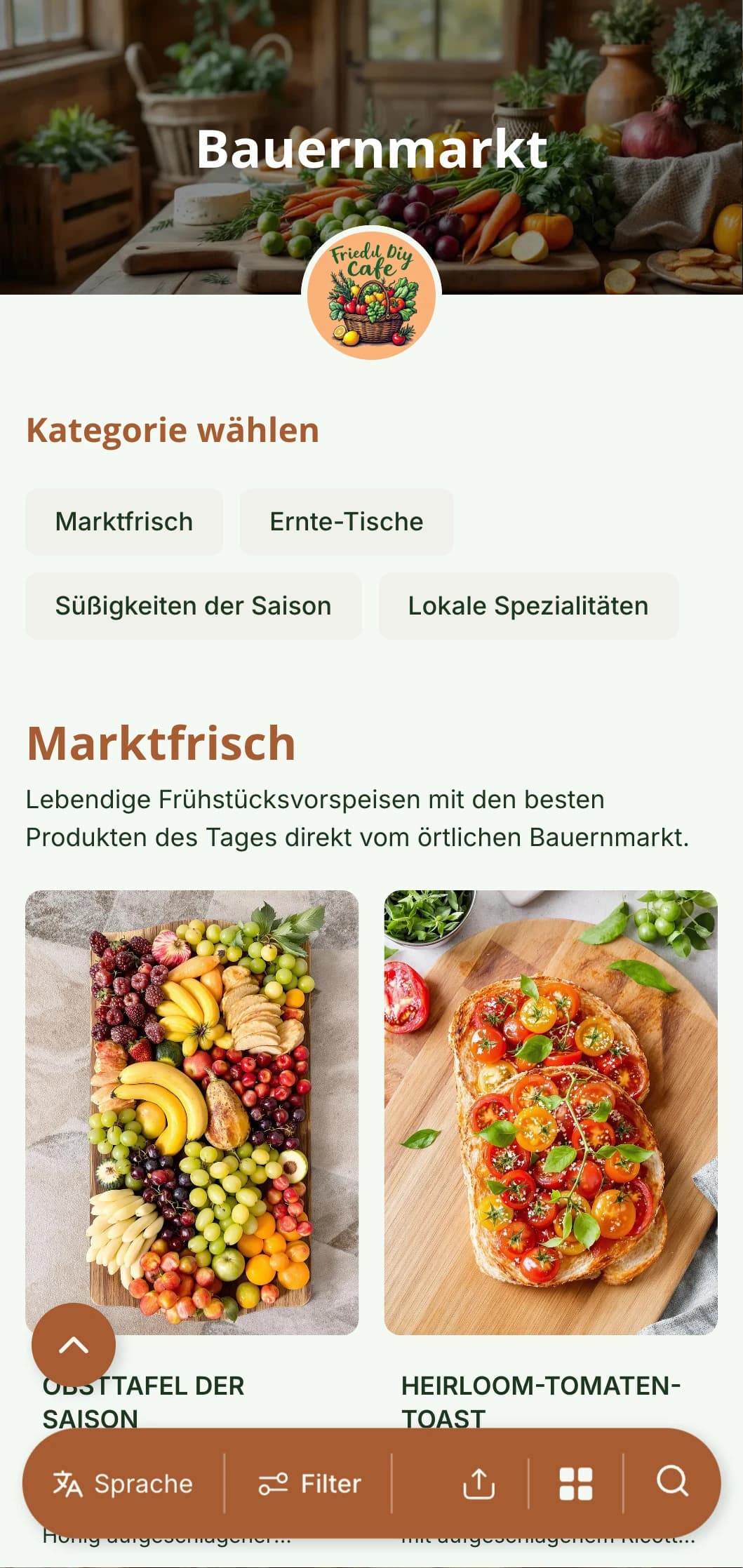 Frische, saisonale Brunch-Vorlage mit rustikalen Elementen, perfekt für Bauernhof-Cafés, die lokale Produkte anbieten.