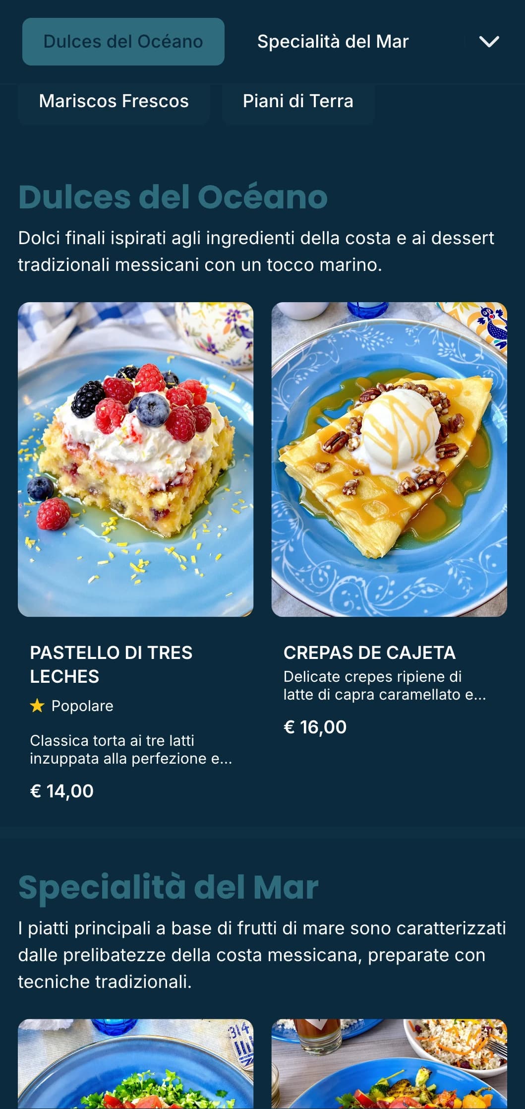 Menu messicano costiero, fresco e ventilato, con specialità di pesce, accenti azzurri, sottili motivi di onde e un'atmosfera da spiaggia.