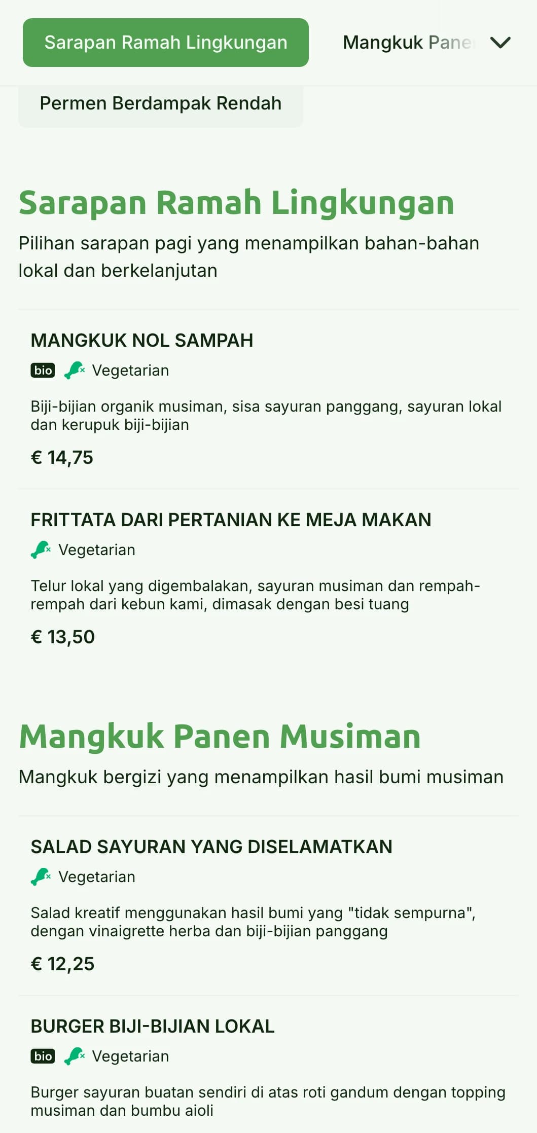 Desain hijau yang terinspirasi dari alam dengan elemen ramah lingkungan untuk kafe yang berkelanjutan.