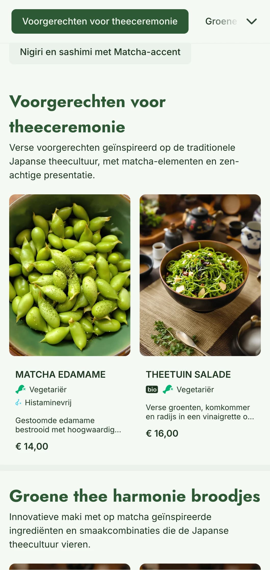 Eigentijds sushi-menu met levendige matcha-groene tinten voor gezondheidsbewuste, op thee geïnspireerde etablissementen.