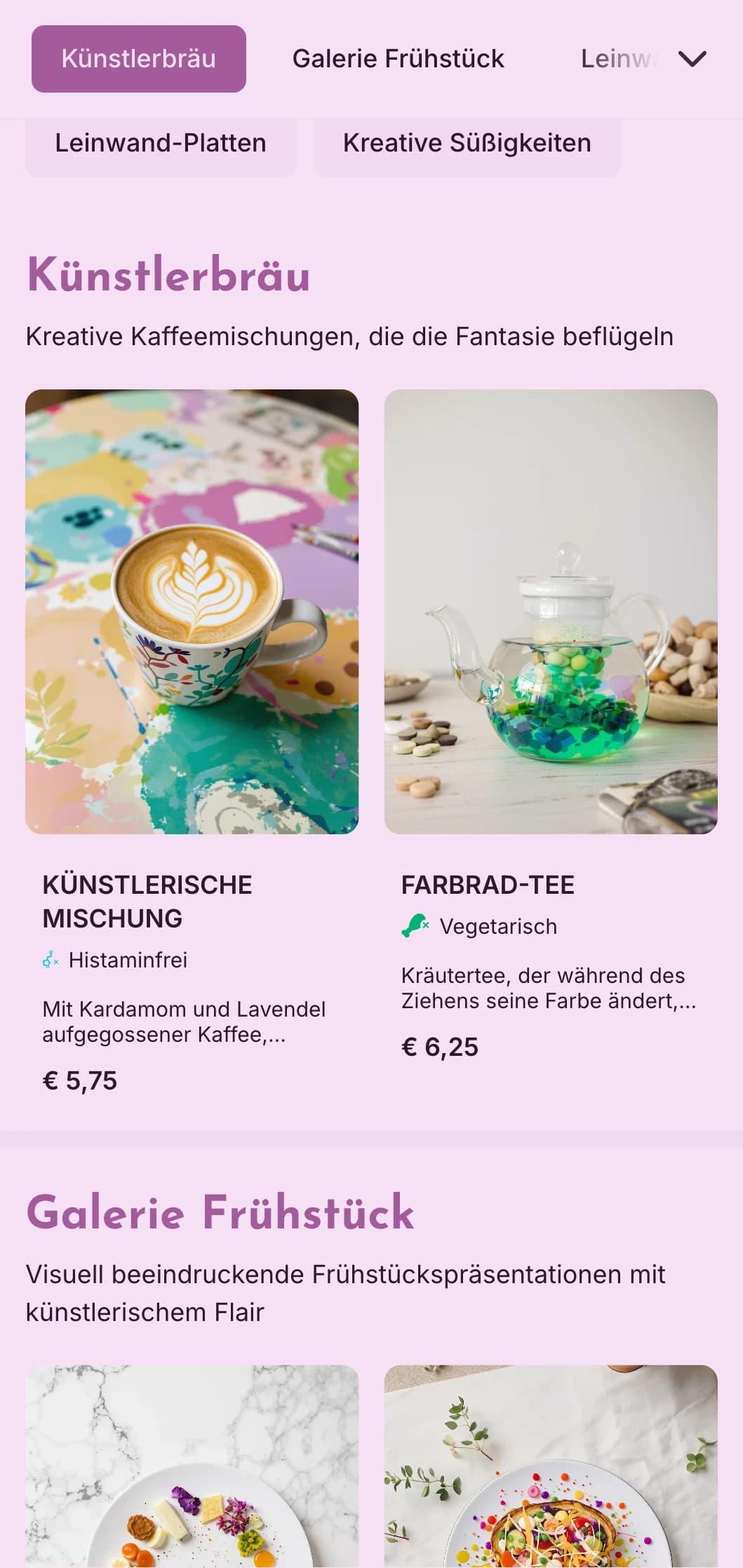 Kreatives lila Design mit künstlerischen Elementen für Galerie-Cafés und kreative Räume.