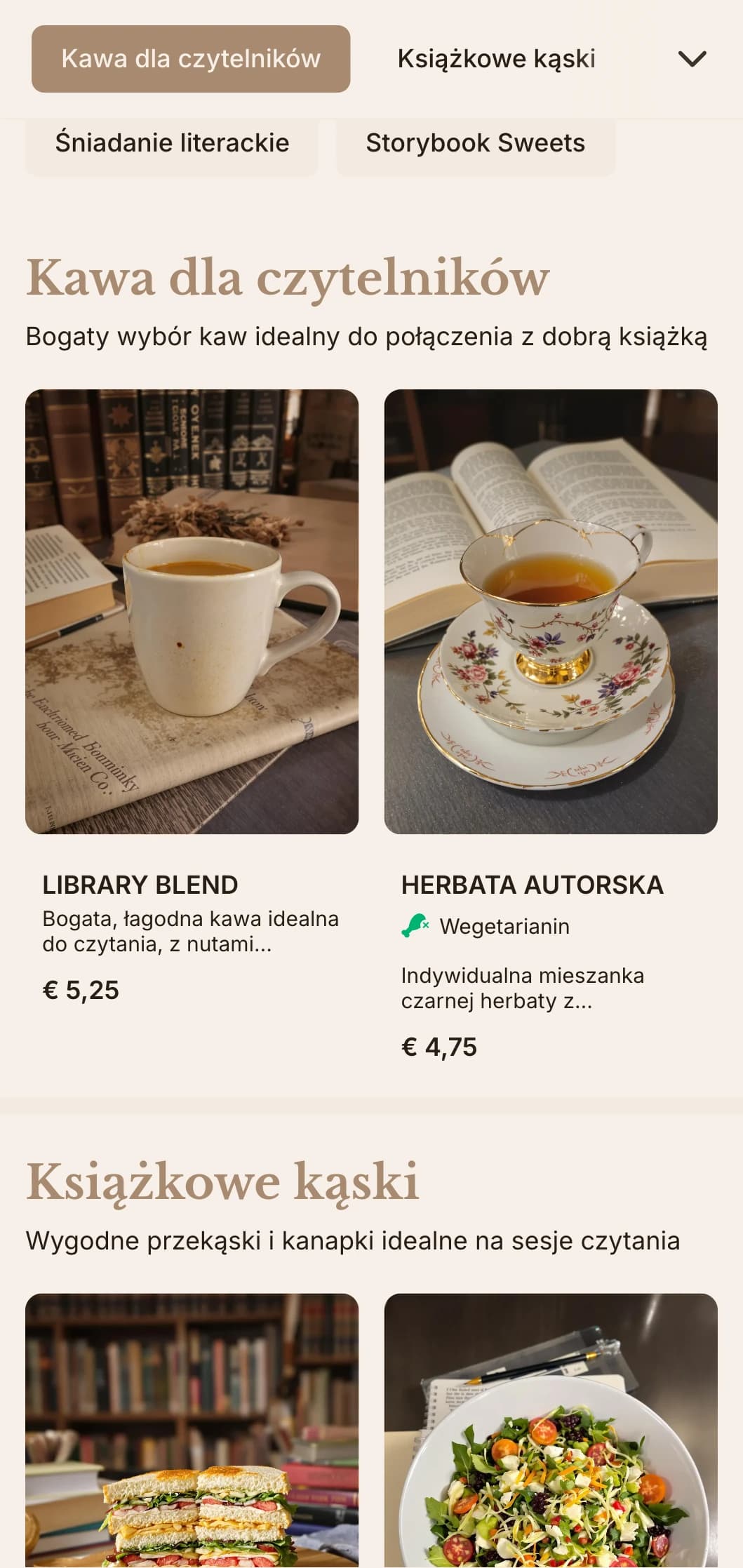 Ciepły brązowy design z elementami literackimi do kawiarni i czytelni.