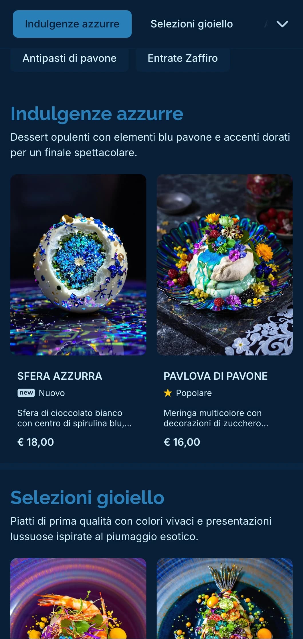 Un concetto vibrante ma sofisticato, caratterizzato da tonalità blu pavone e sottili accenti dorati per un'esperienza culinaria di lusso.