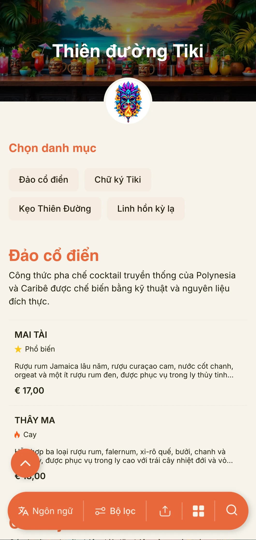 Thiết kế độc đáo, sống động dành cho các quán bar tiki và quán cocktail nhiệt đới với kiểu chữ vui nhộn và màu sắc ấm áp.
