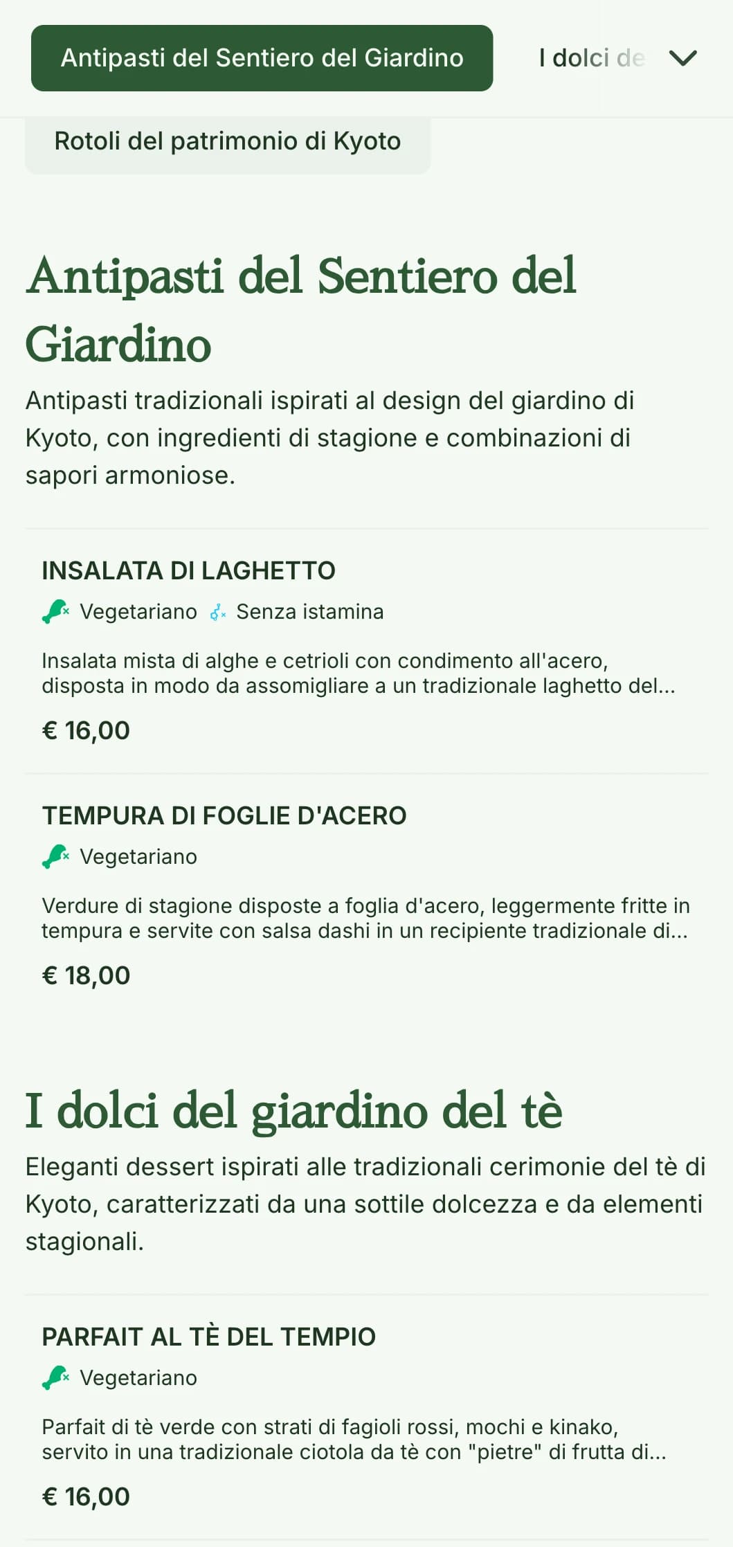 Menu di sushi tradizionale ispirato al giardino giapponese, con serene tonalità verdi ed elementi classici.
