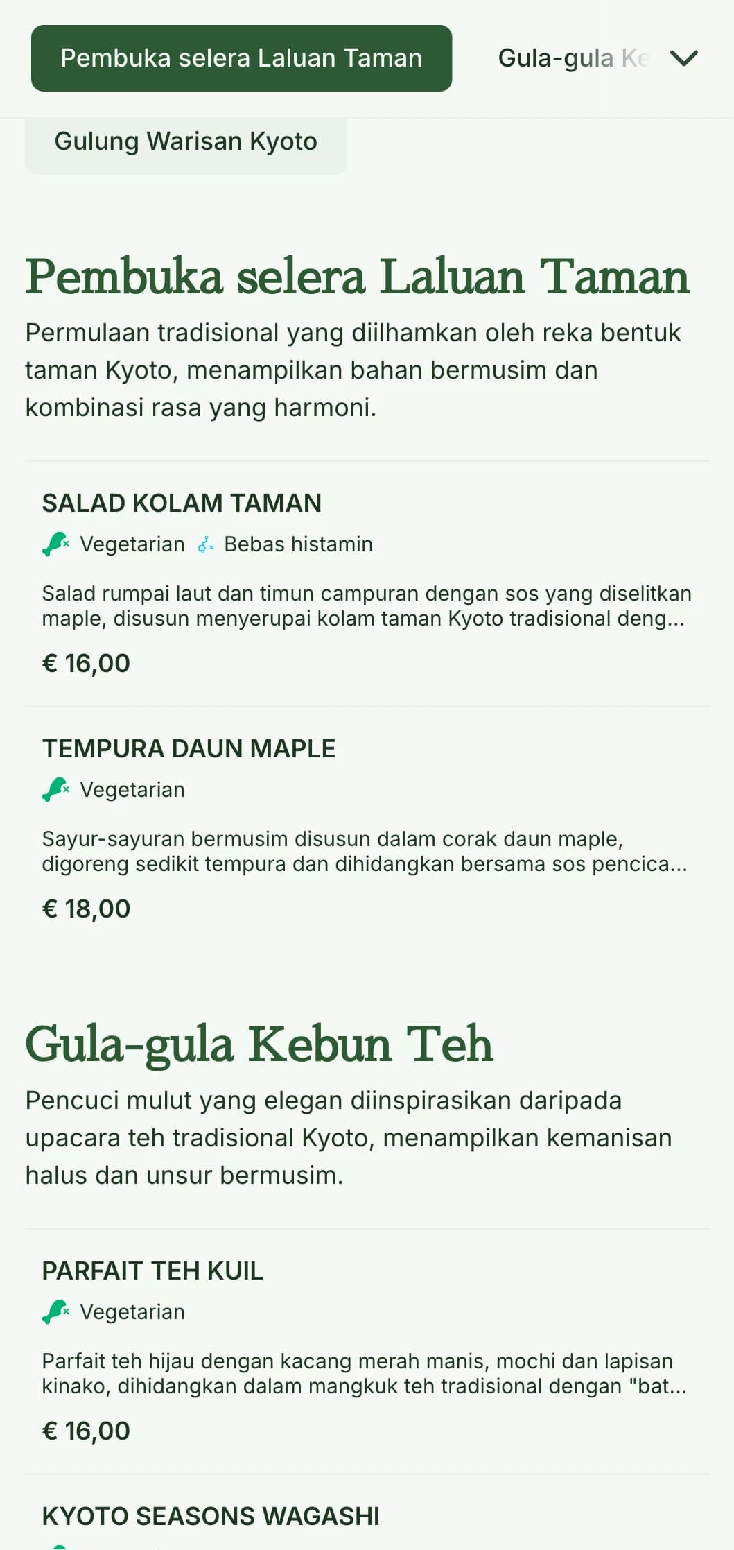 Menu sushi inspirasi taman tradisional Jepun dengan rona hijau yang tenang dan unsur klasik.