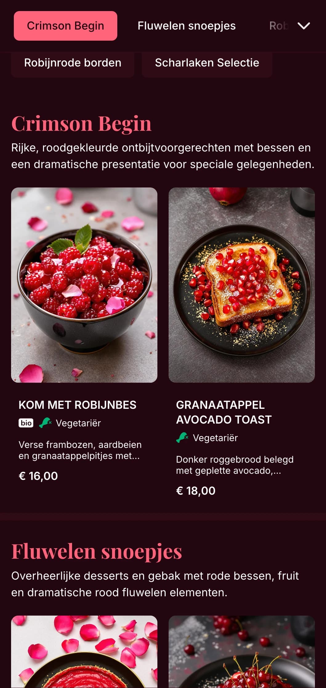 Rijke, roodgetinte brunchesjabloon met luxe details, geschikt voor romantische brunchsettings en speciale gelegenheden.