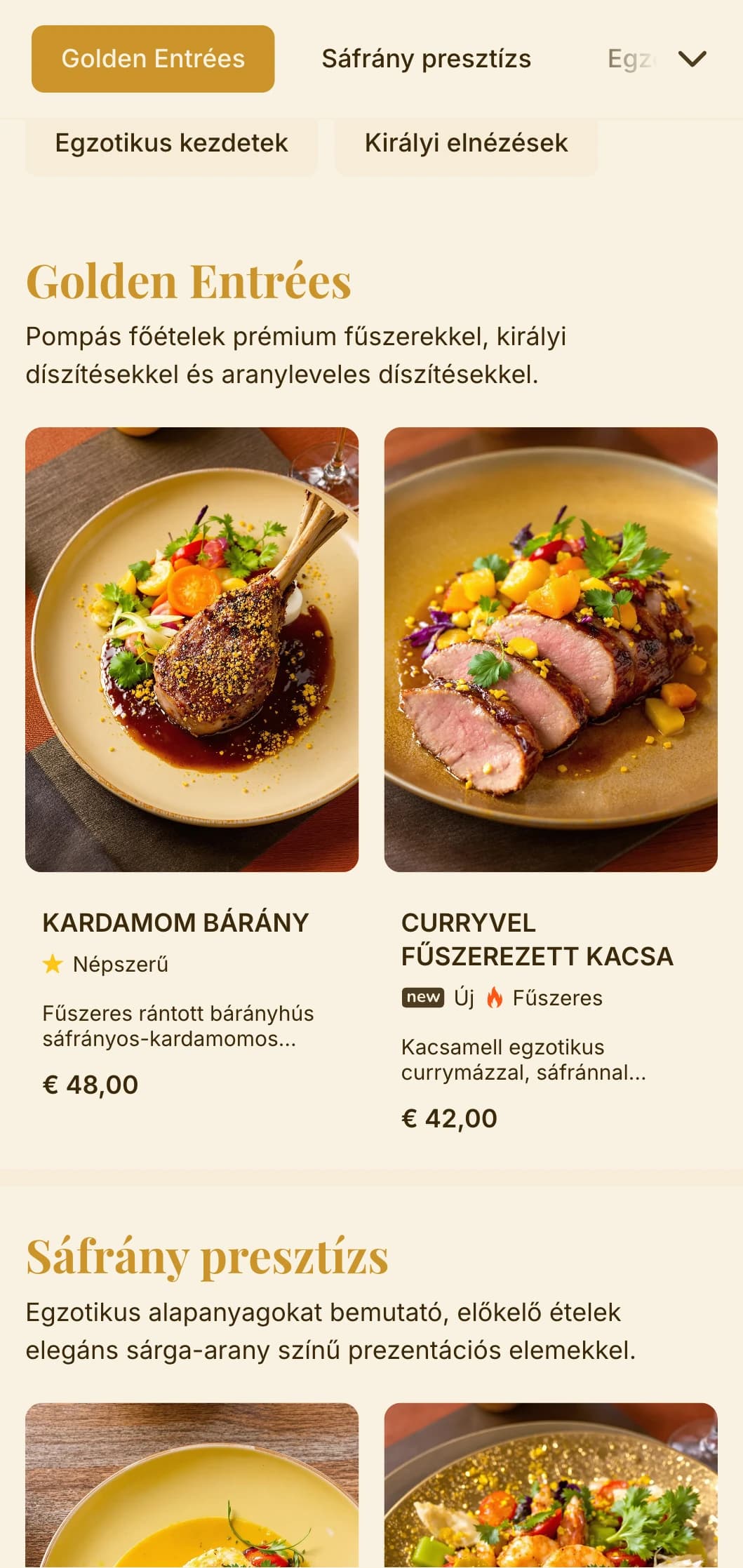 Az egzotikus fűszerek és a királyi étkezési hagyományok által inspirált, gazdag arany és sáfrány tónusú opulens koncepció.