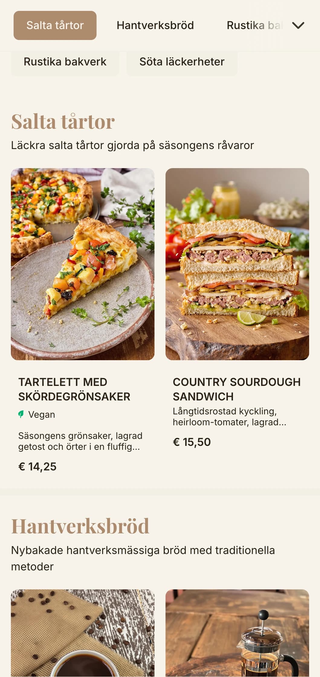 Jordnära toner med hantverksmässig typografi för caféer och konditorier med bageriinriktning.