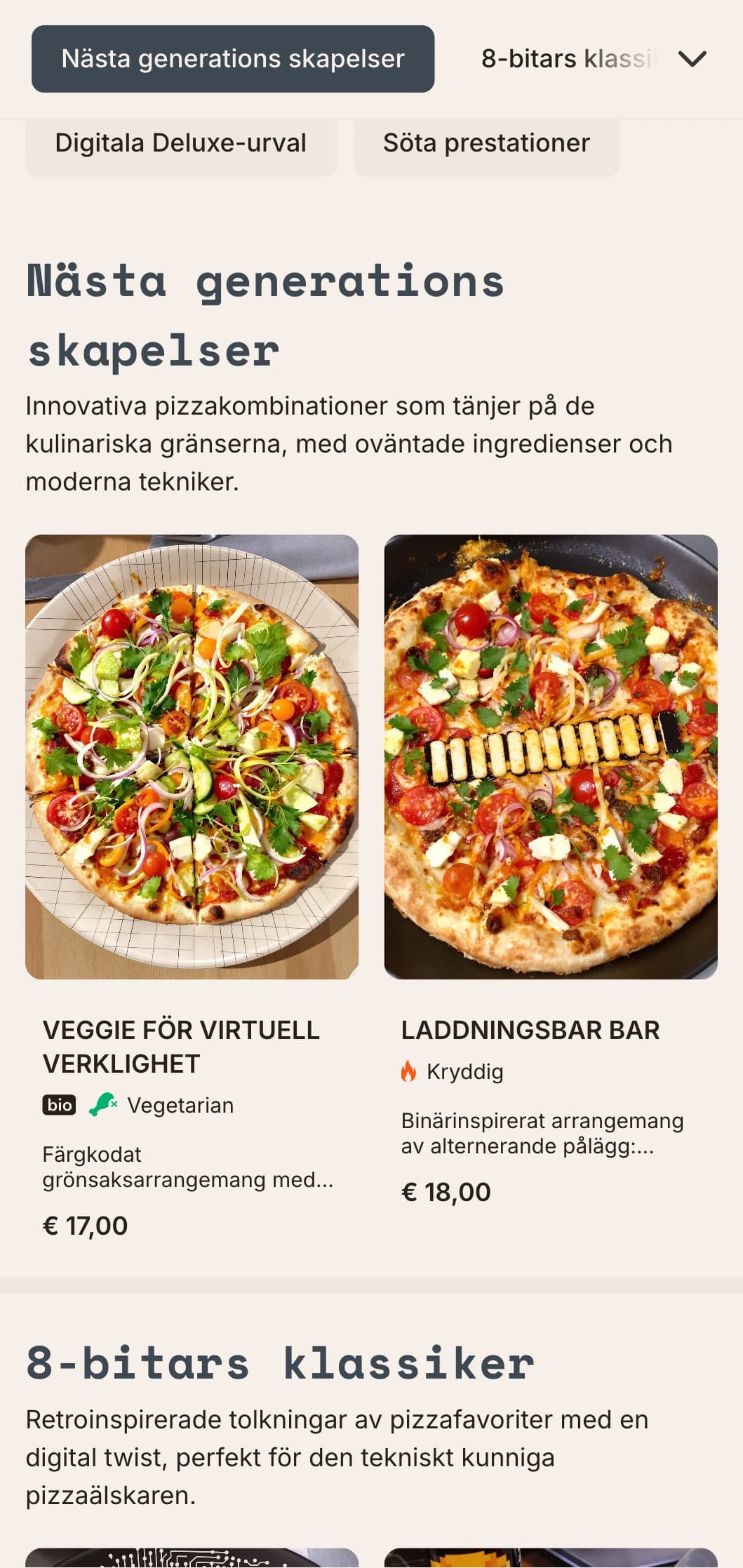 Teknikinspirerad modern pizzameny med digital estetik för innovativa pizzakoncept.