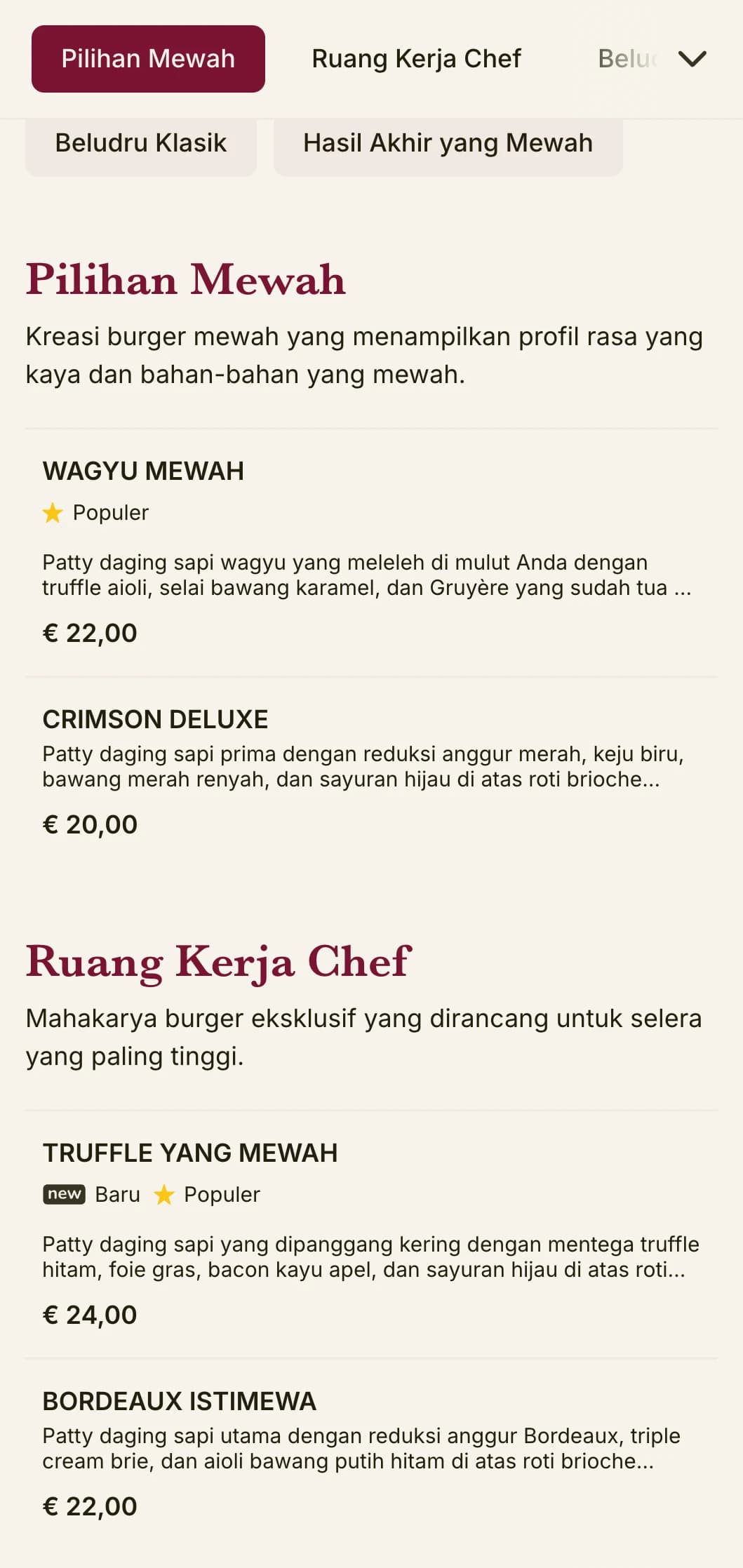 Lounge burger mewah yang mewah dengan tekstur yang kaya dan presentasi yang mewah.