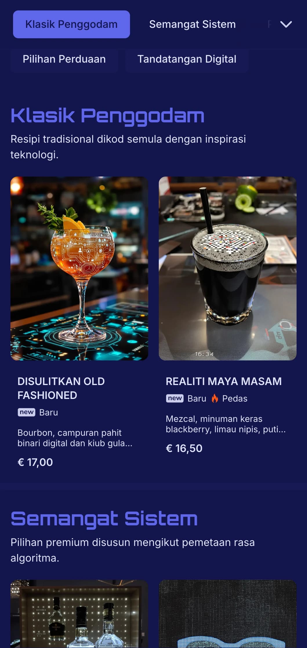 Reka bentuk biru dan hitam futuristik dengan elemen digital untuk bar canggih.