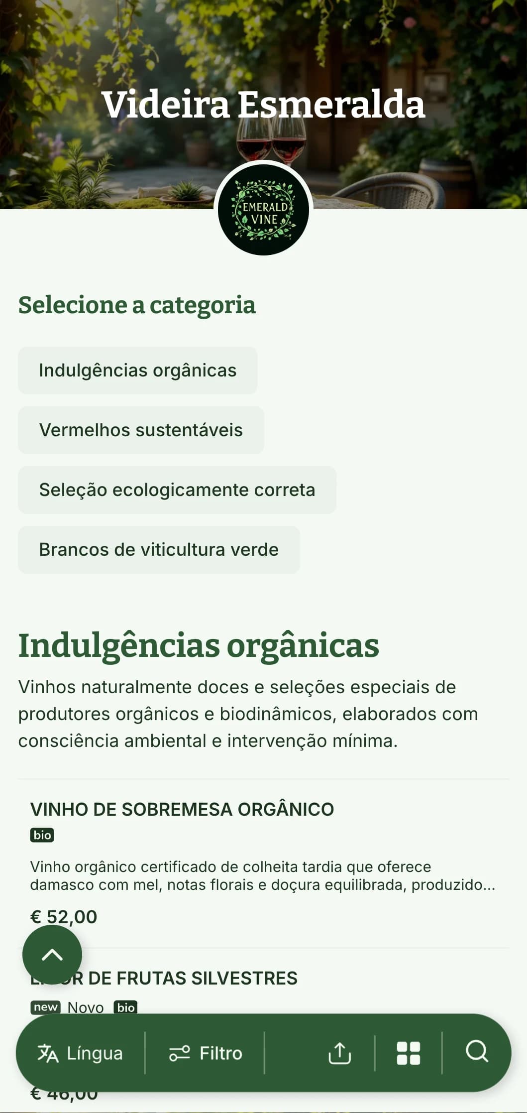 Modelo de carta de vinhos com tema verde exuberante, com elementos botânicos e texturas naturais, perfeito para seleções de vinhos orgânicos e restaurantes com jardim.