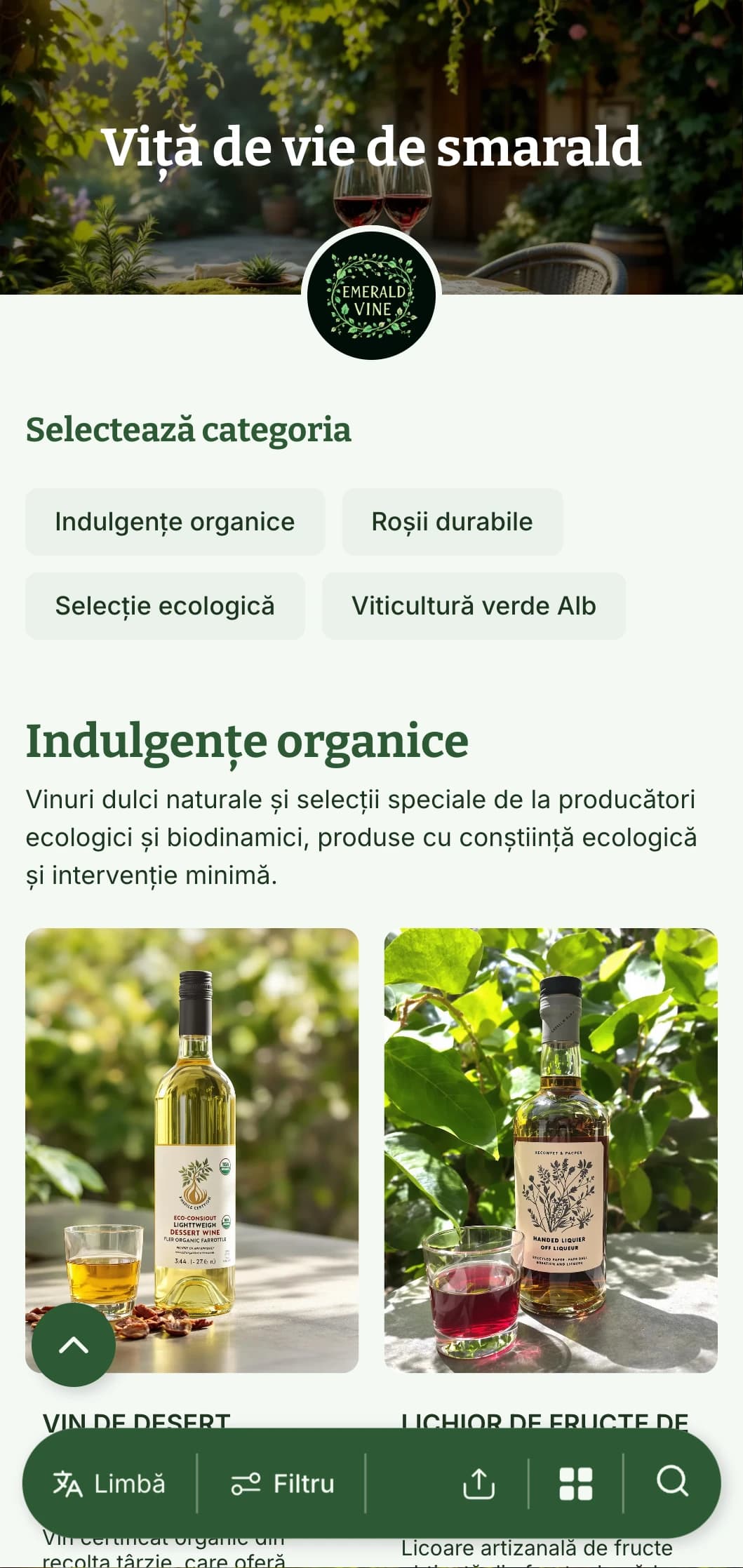 Șablon de listă de vinuri cu tematică verde, cu elemente botanice și texturi naturale, perfect pentru selecții de vinuri organice și restaurante cu grădină.