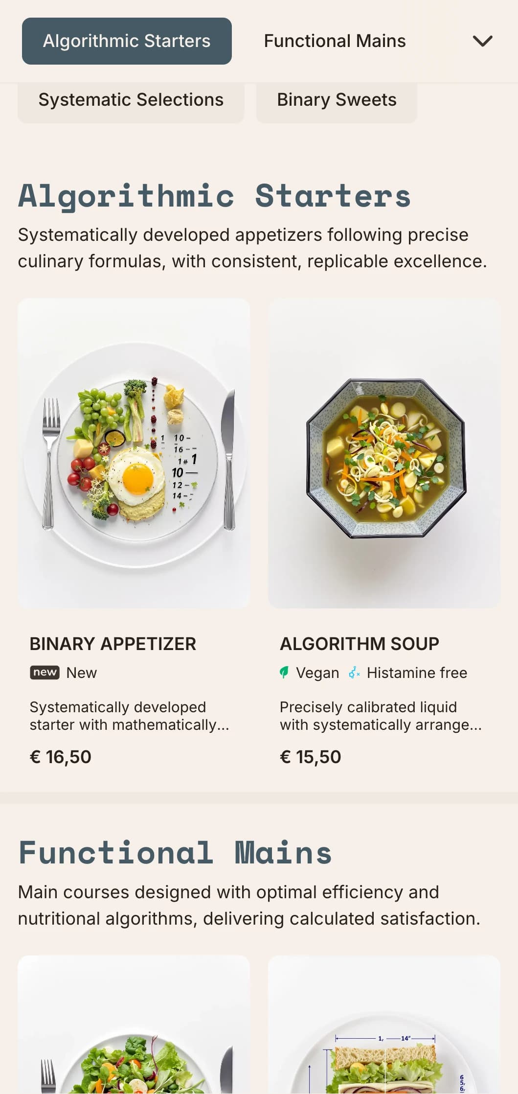 Technical, function-focused lunch menu design with mathematical elements and systematic layout, perfect for precision-oriented restaurants and concept eateries.