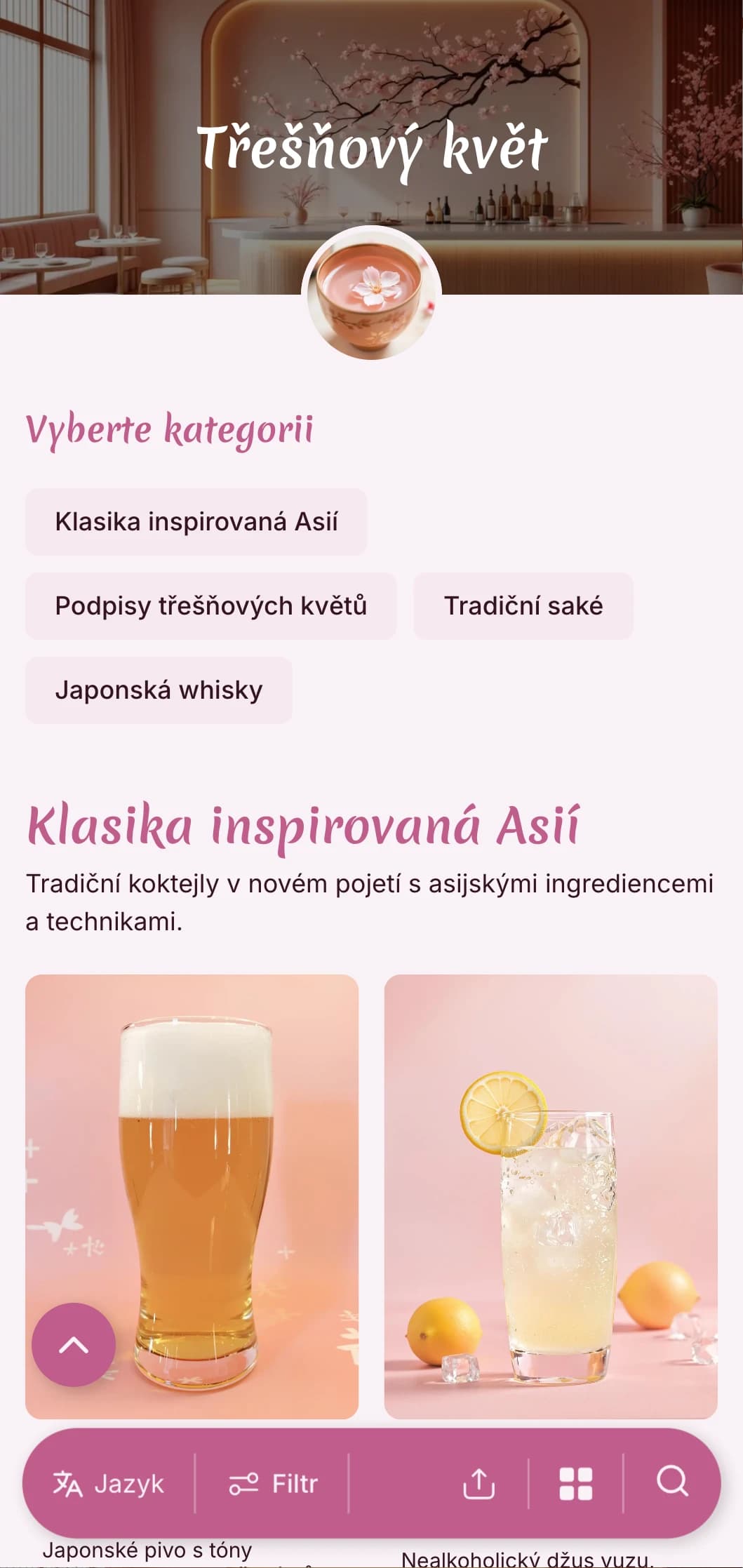 Jemný růžový design inspirovaný japonskou estetikou pro bary se saké a asijskou fúzí.