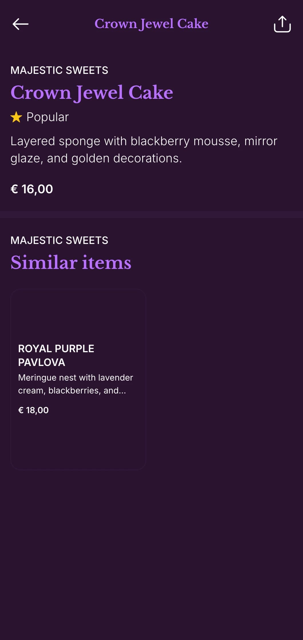 A regal purple and gold dinner menu with classical design elements, perfect for establishments with old-world charm.