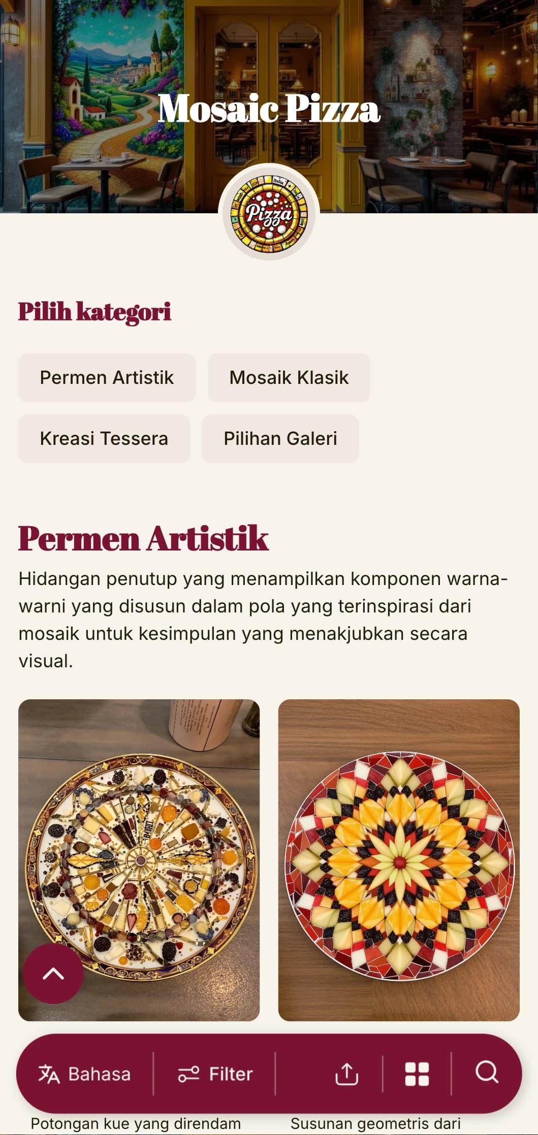 Menu pizza yang penuh warna dan artistik yang terinspirasi dari seni mosaik Italia dengan elemen-elemen yang semarak.