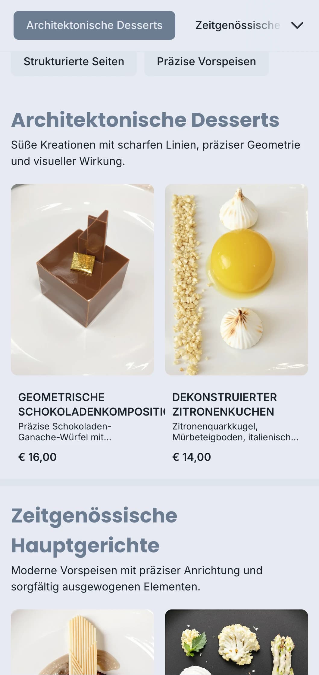 Sauberes, strukturiertes Catering-Design mit geometrischen Platten, präzisen Portionen und monochromen Farbschemata für moderne Veranstaltungen.