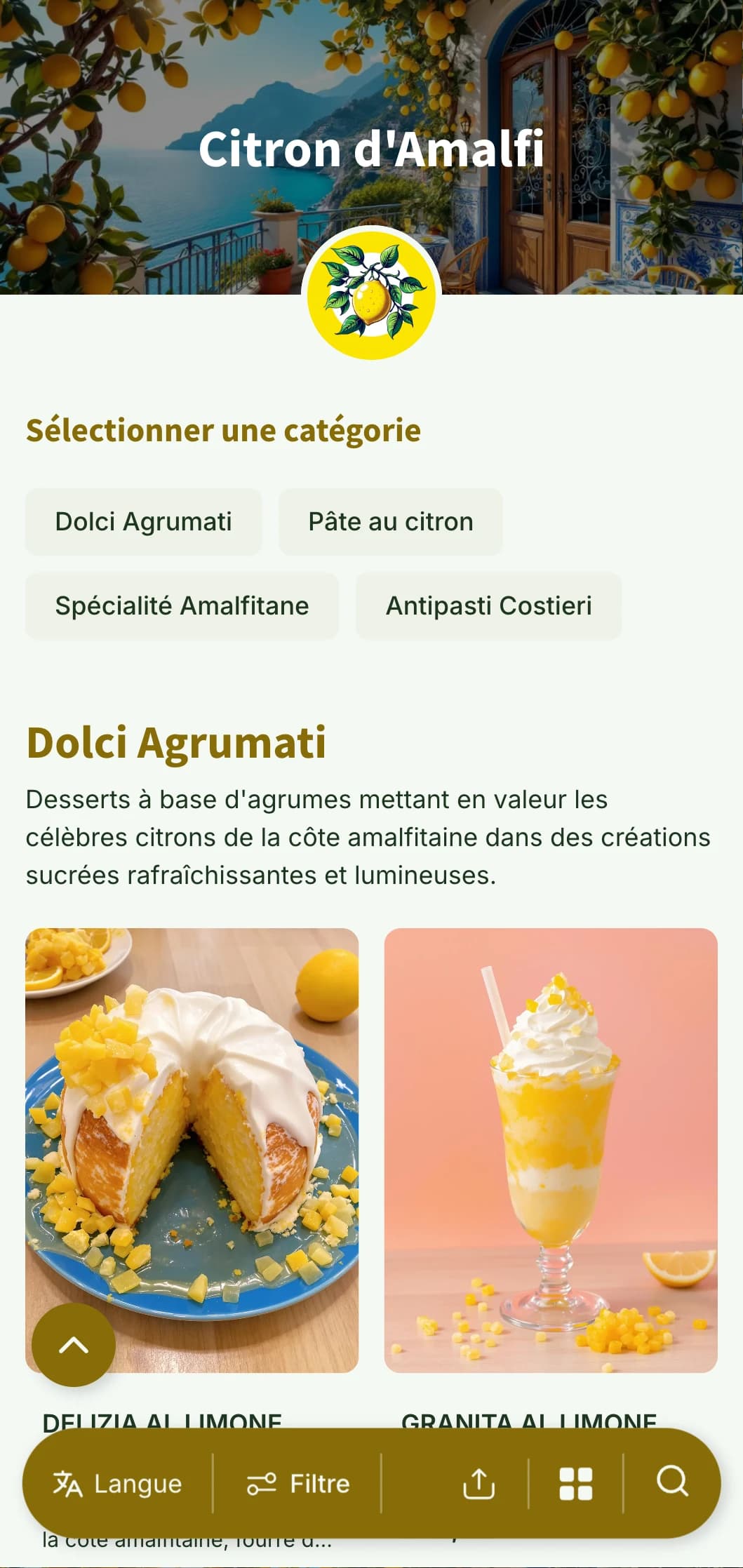 Un design clair et aéré inspiré de la côte amalfitaine, avec des motifs de citron et des touches de bleu méditerranéen.