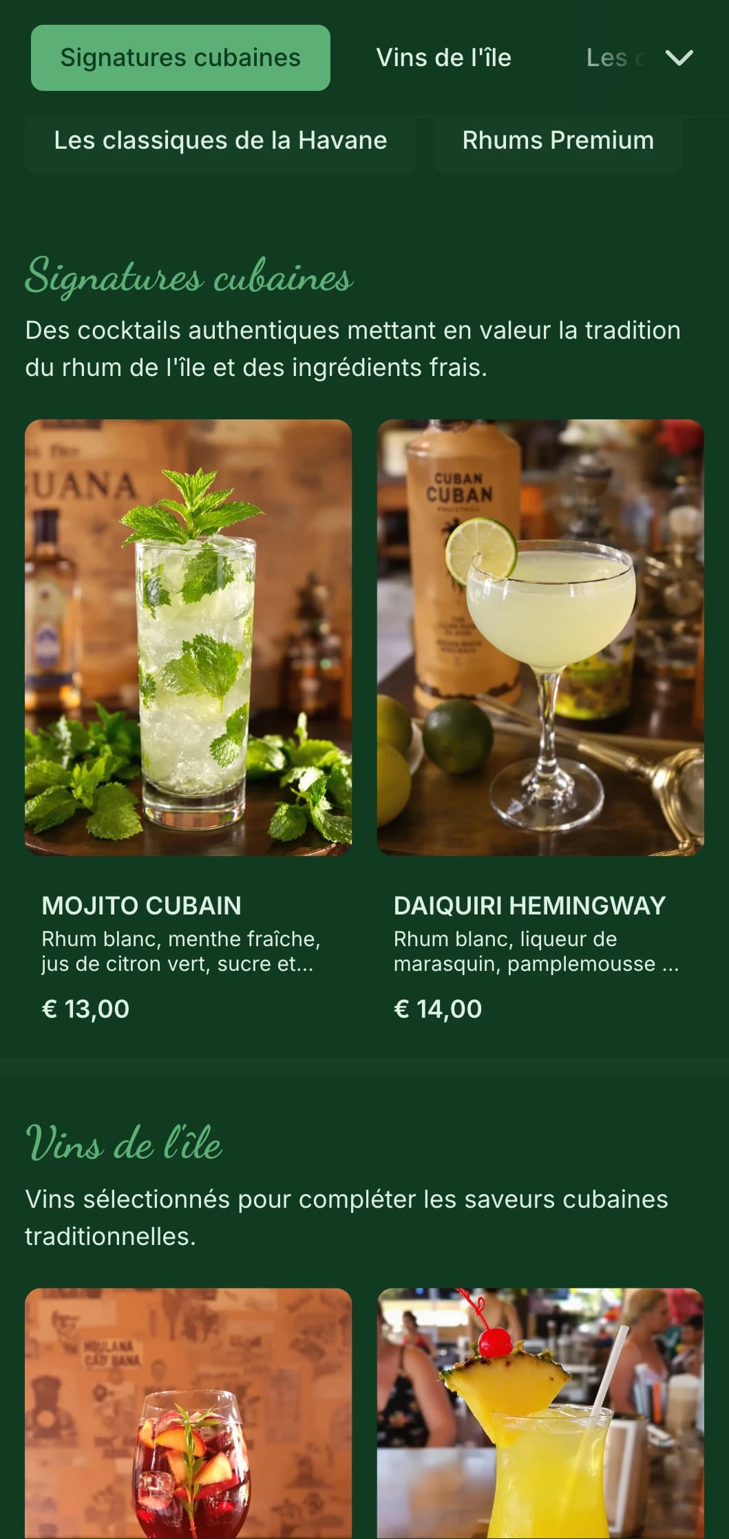 Design vert tropical avec des éléments vintage pour les bars à rhum d'inspiration cubaine.