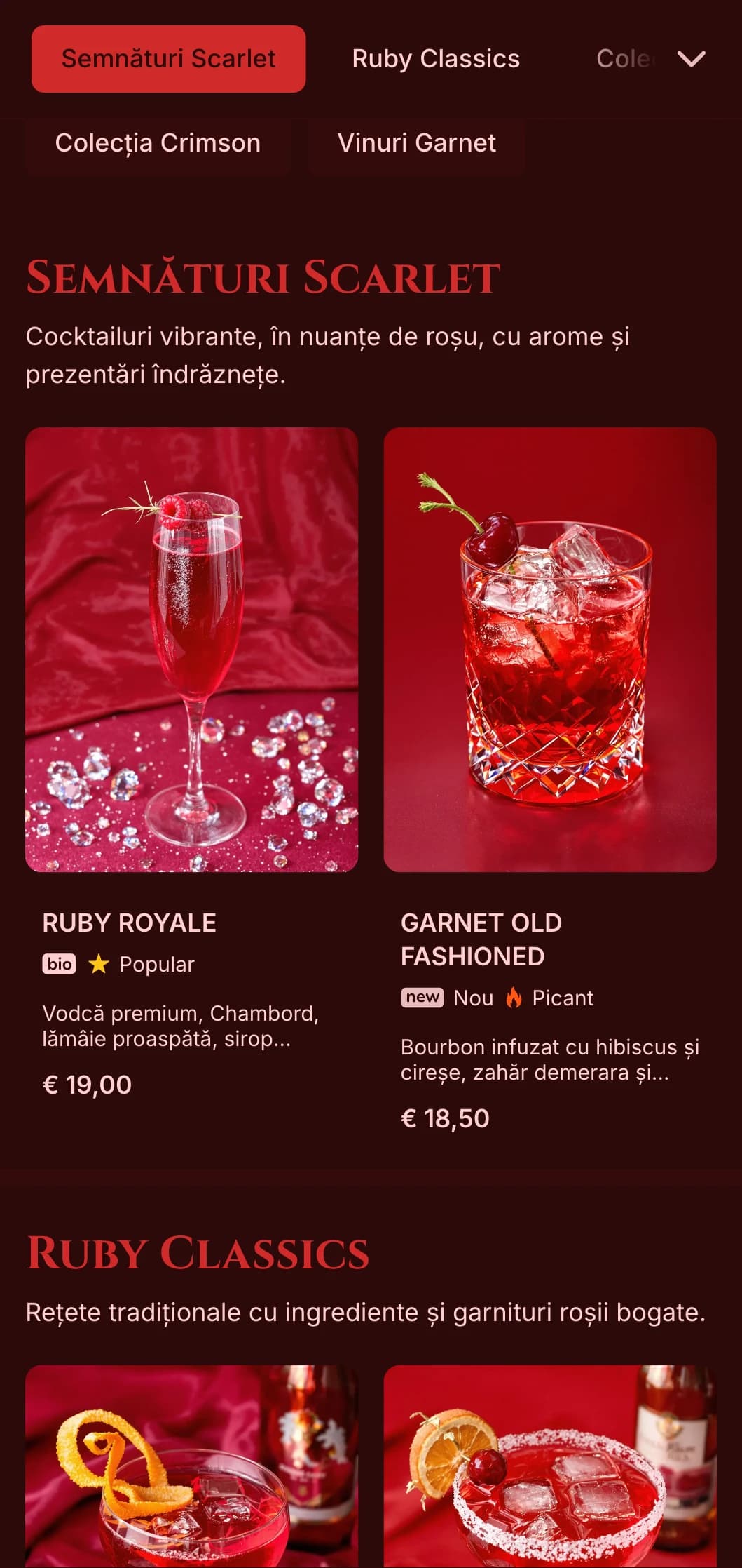 Design roșu închis cu texturi bogate pentru baruri pasionate de vinuri și cocktailuri.