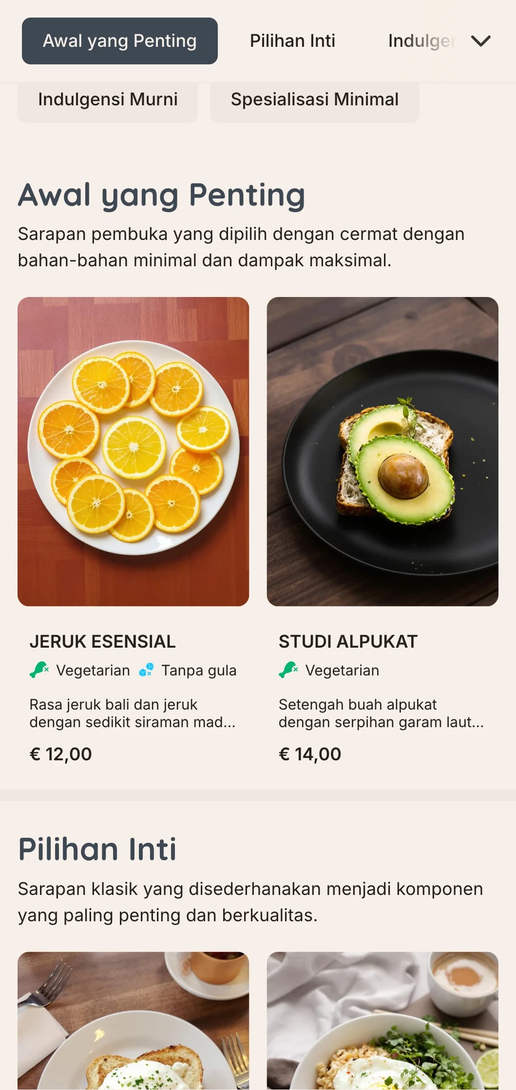 Pilihan sarapan yang bersih dan bersahaja dengan penyajian yang tepat dan bahan-bahan penting untuk Anda yang menyukai gaya hidup minimalis.