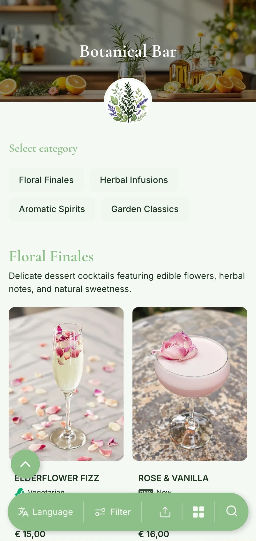 A fresh, garden-inspired menu design for bars specializing in herb-infused and botanical cocktails.
