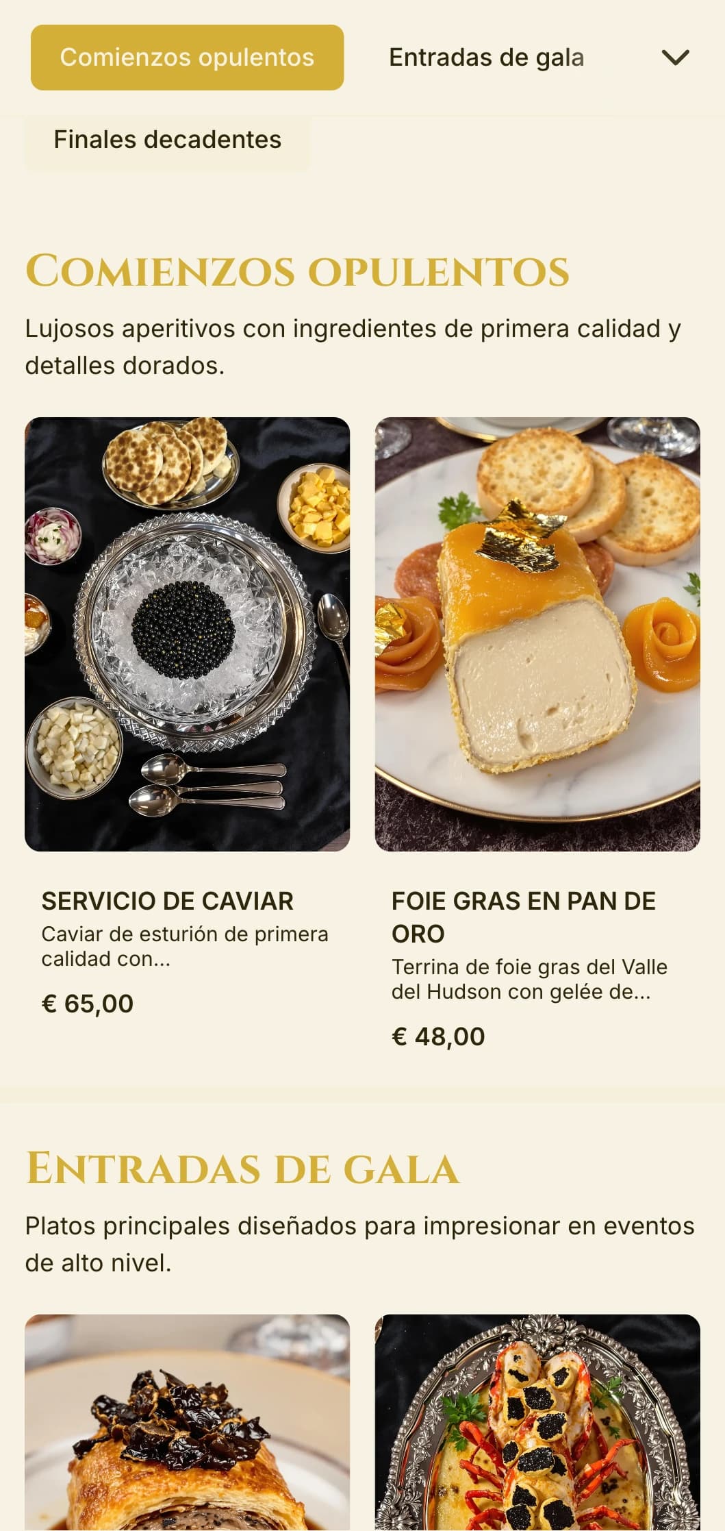 Opulento servicio de catering con ingredientes de primera calidad, detalles dorados y una presentación extravagante para galas y eventos de lujo.
