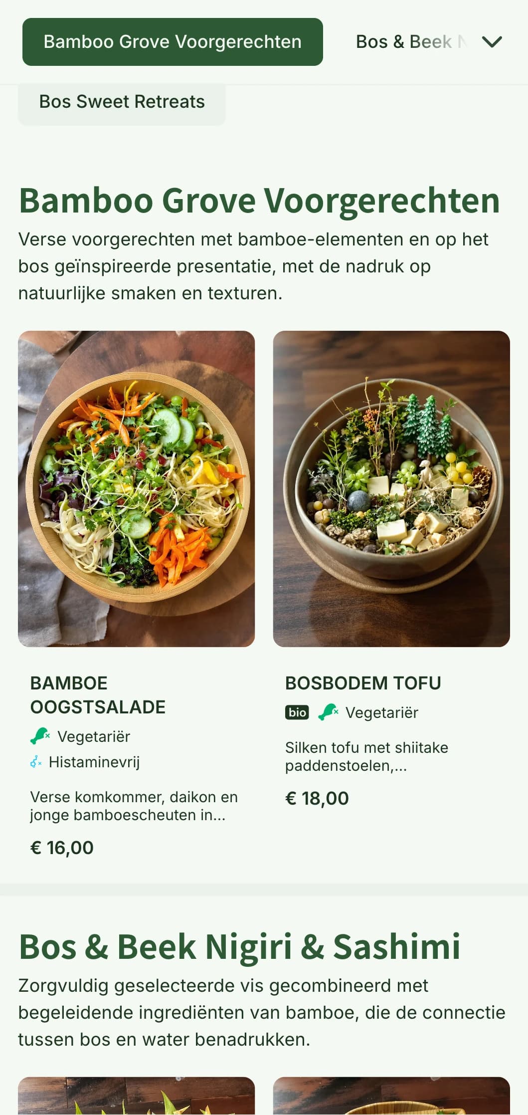 Natuurlijk, op bamboe geïnspireerd sushikaart met bosgroene tinten en organische elementen voor authentieke etablissementen.