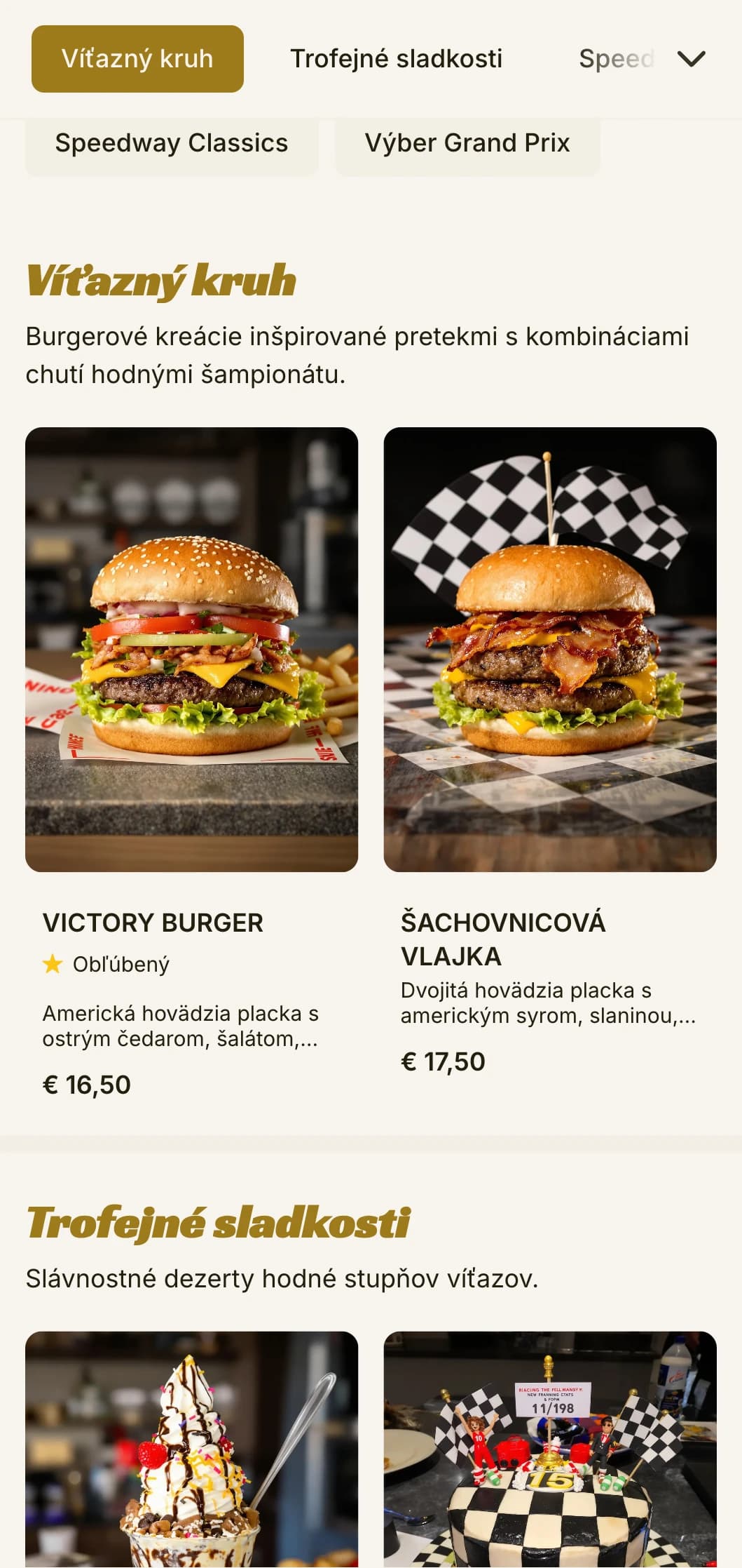 Burgerová reštaurácia inšpirovaná pretekmi s prvkami motoristického športu a atmosférou víťaznej dráhy.