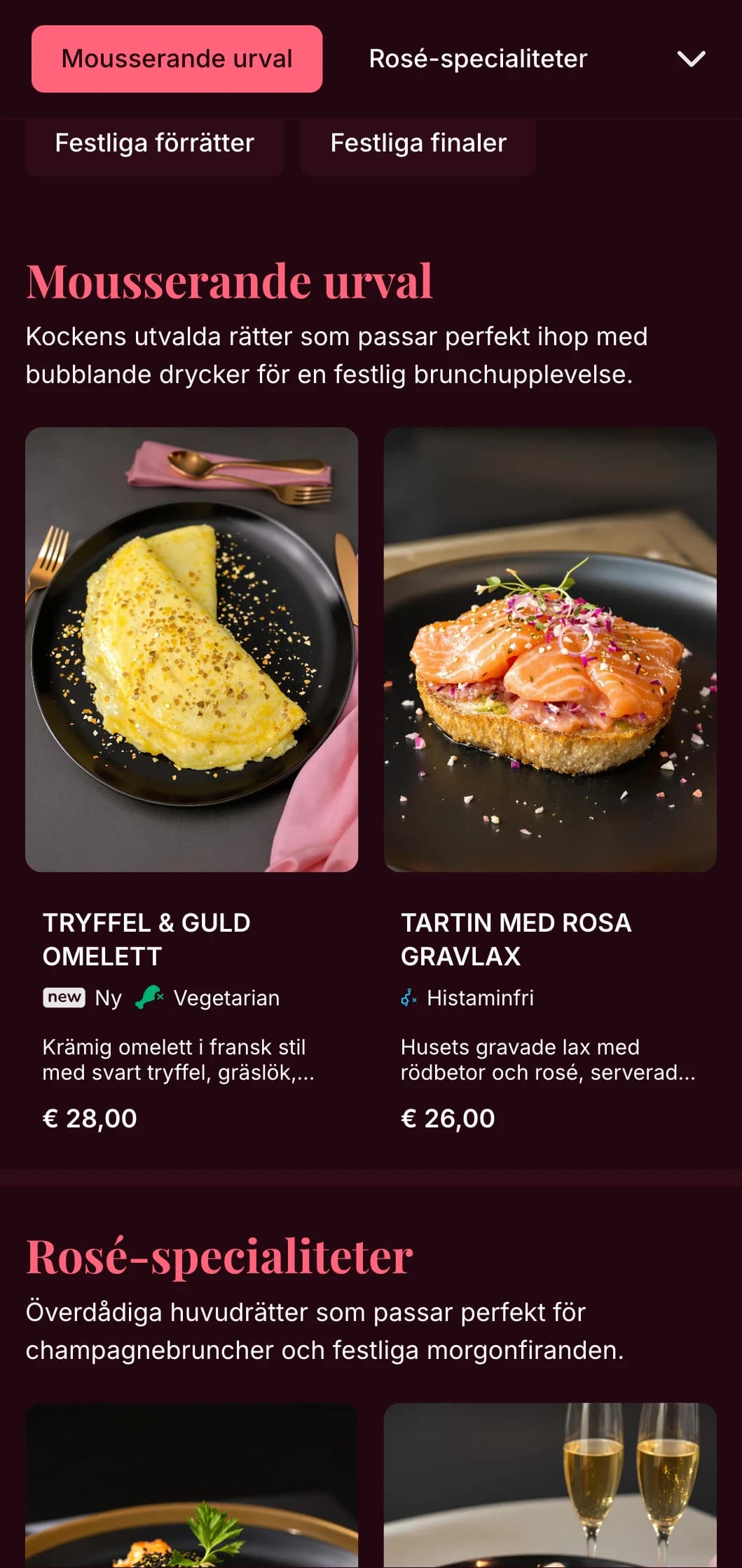 Lyxig brunchmall med rosa tema och guldaccenter, perfekt för champagnebrunch och festliga middagar.