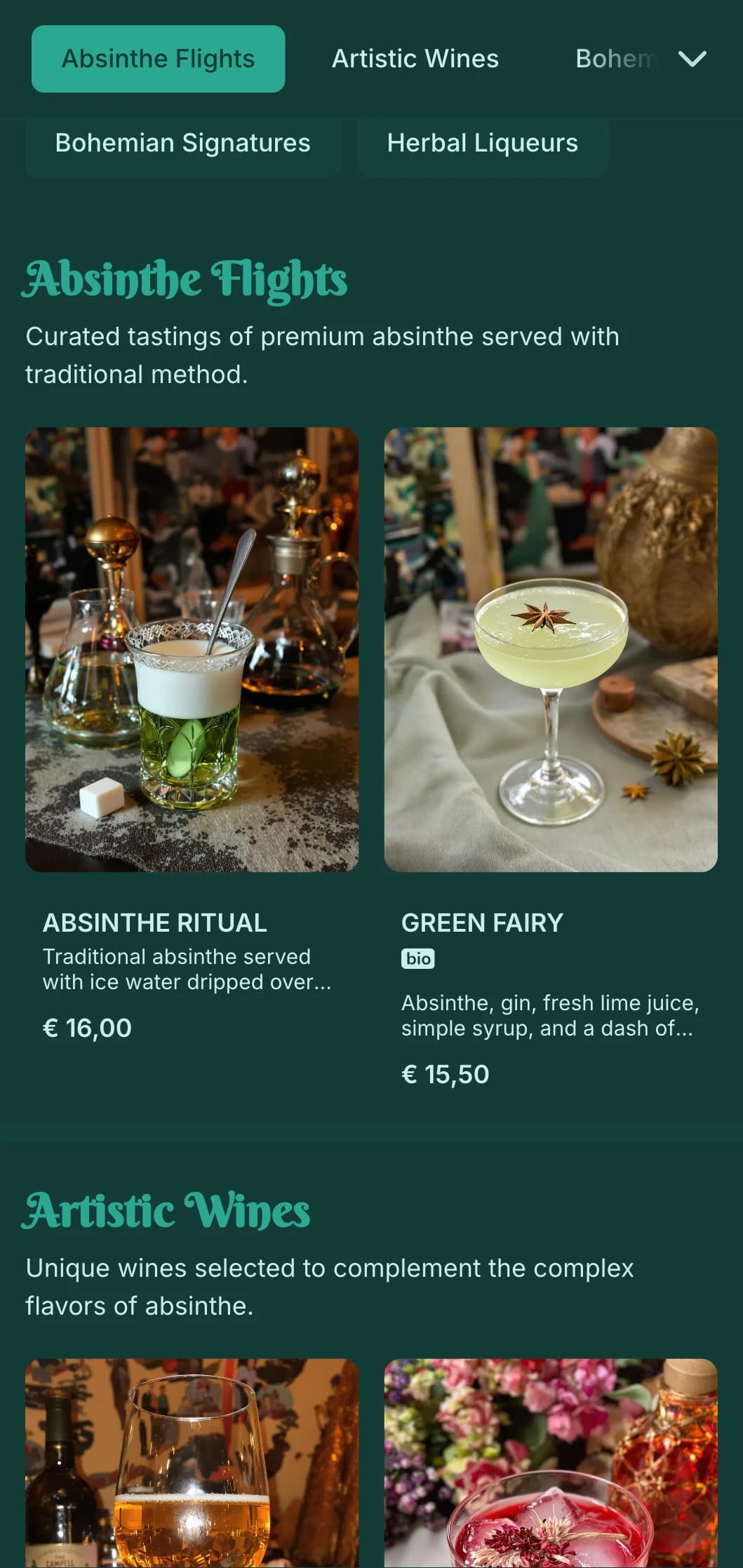 Emerald green design with art nouveau elements for absinthe and spirit lounges.