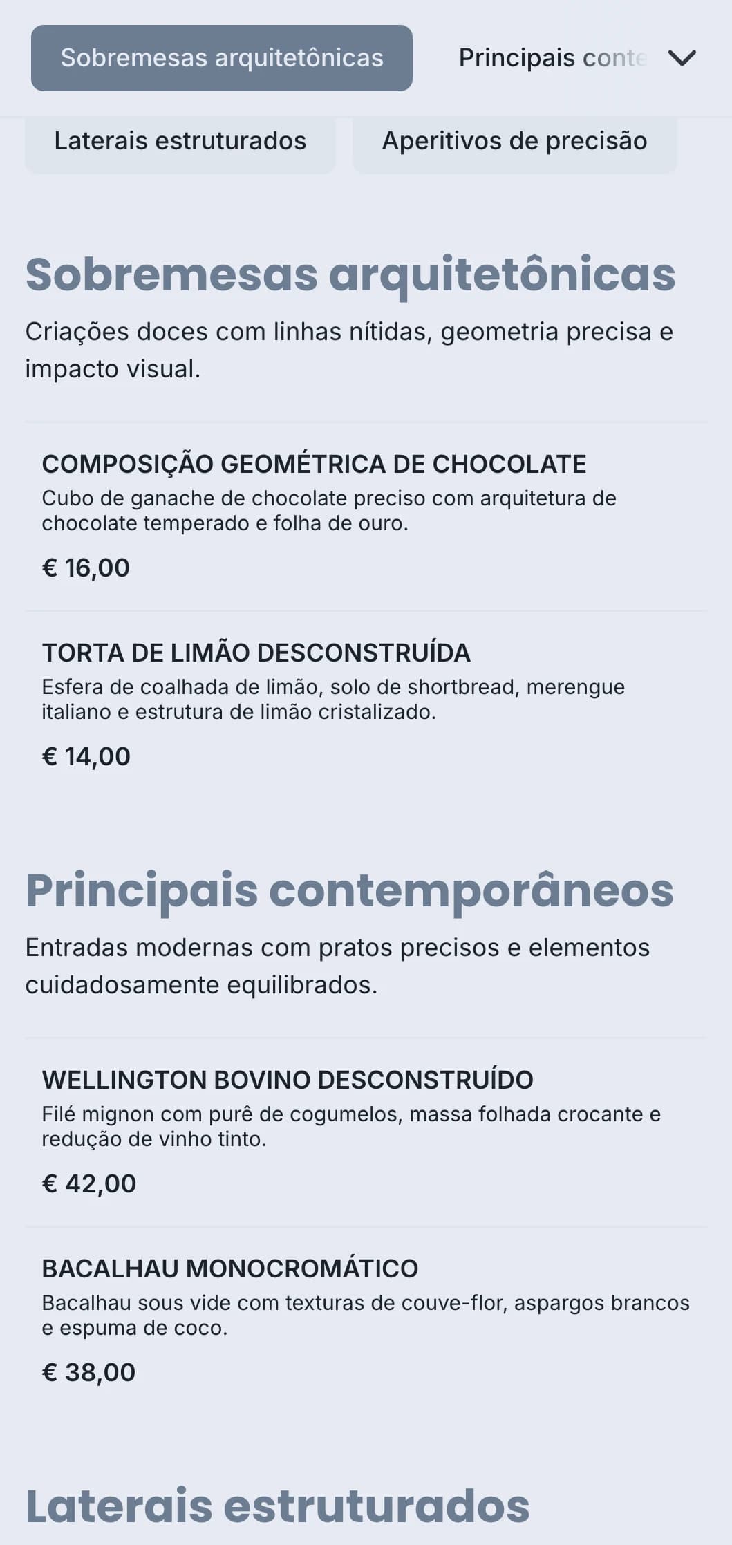 Design de bufê limpo e estruturado com pratos geométricos, porções precisas e esquemas de cores monocromáticas para eventos contemporâneos.