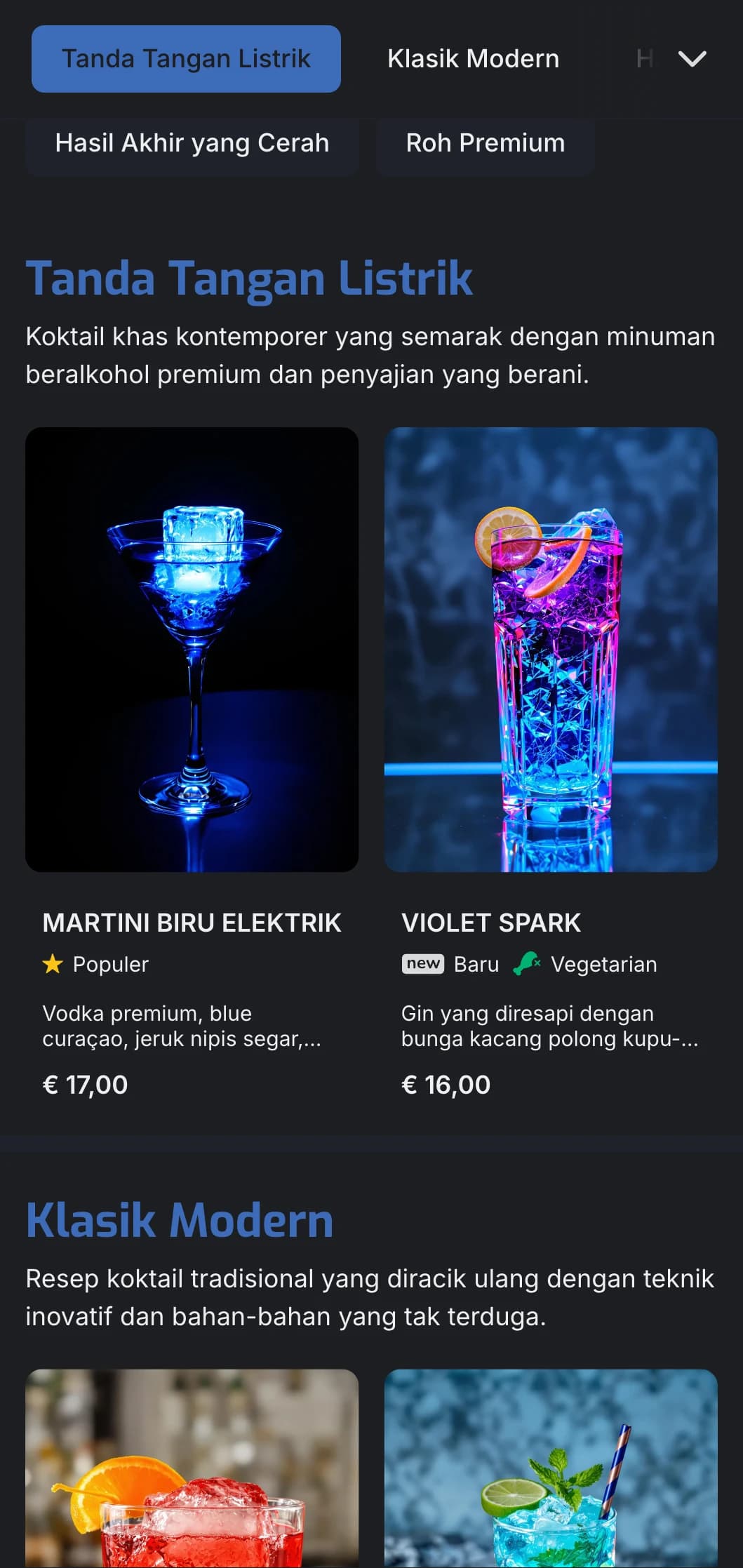 Desain kontemporer yang semarak untuk bar koktail dan lounge modern dengan aksen biru elektrik dan tipografi yang bersih.