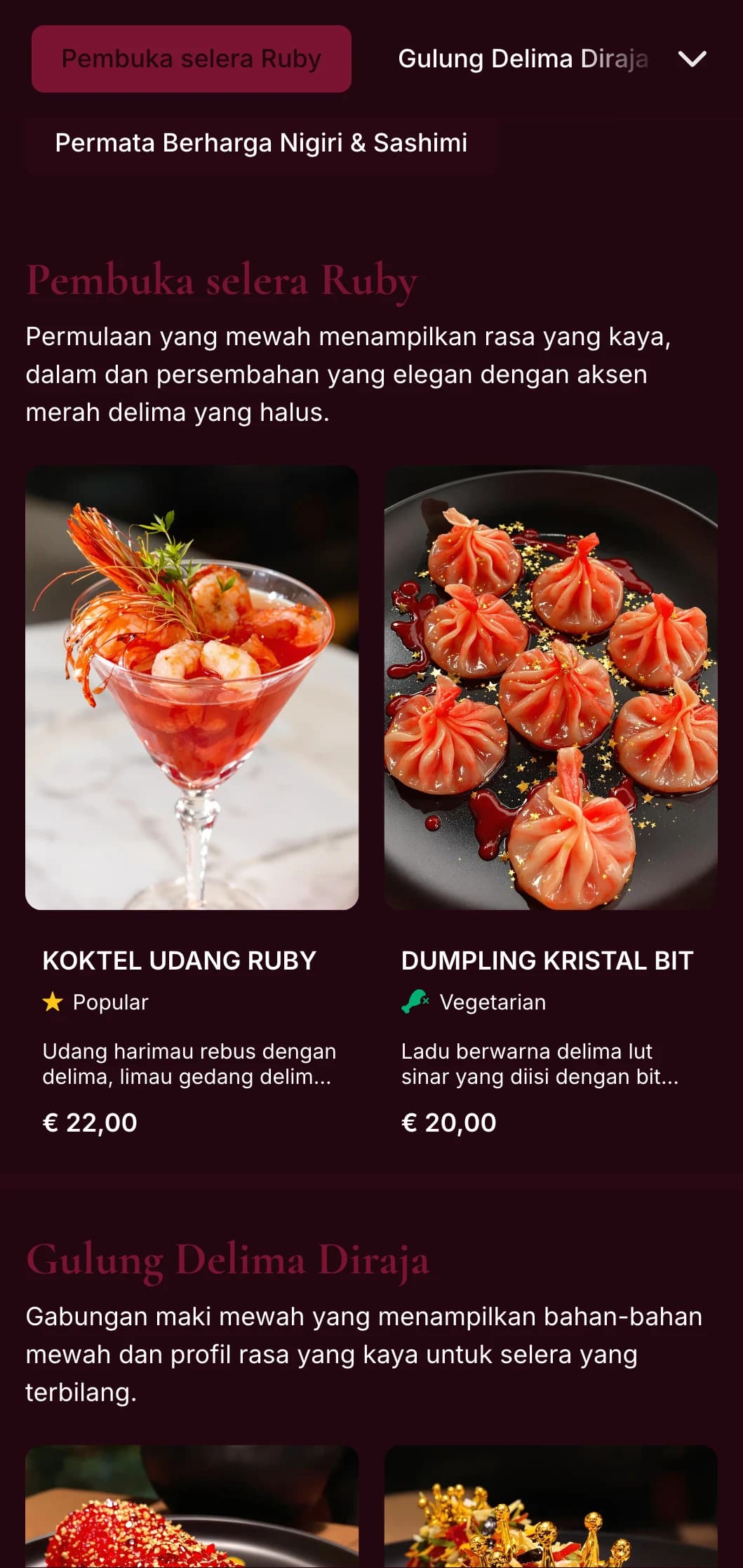 Menu sushi berinspirasikan merah pekat yang mewah menampilkan tona delima mewah untuk restoran gabungan Asia yang premium.