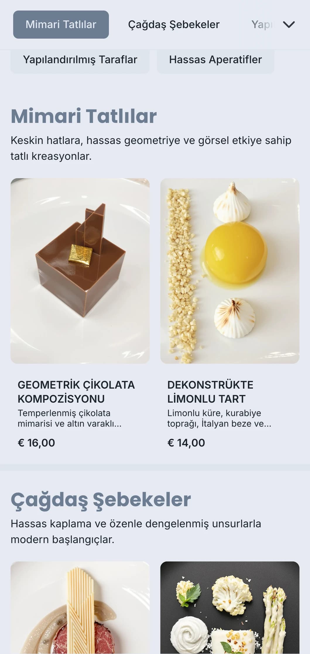 Çağdaş etkinlikler için geometrik kaplamalar, hassas porsiyonlar ve tek renkli renk şemaları ile temiz, yapılandırılmış catering tasarımı.