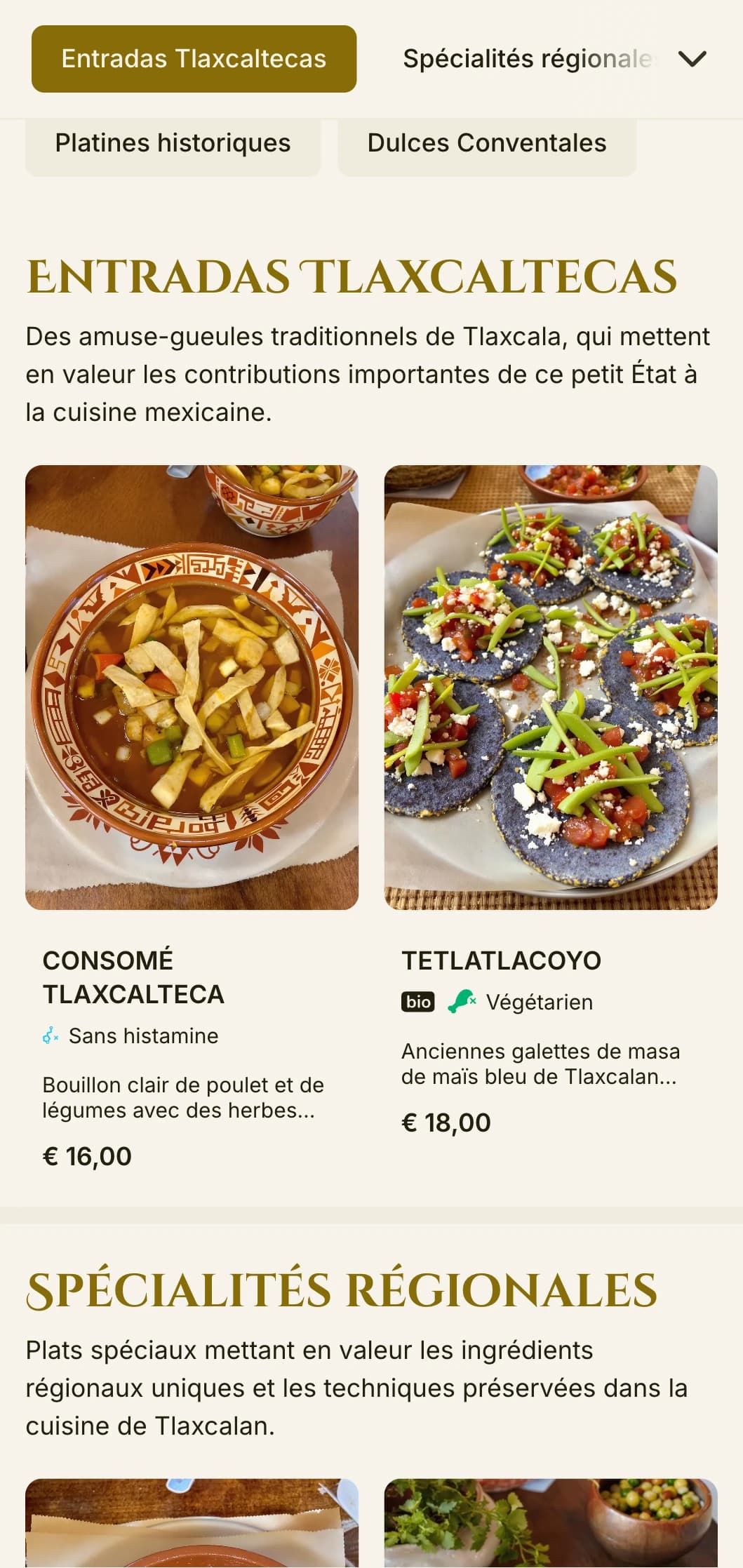 Menu élégant et historique célébrant les traditions culinaires de Tlaxcala, avec des accents dorés, des influences préhispaniques et des spécialités régionales.