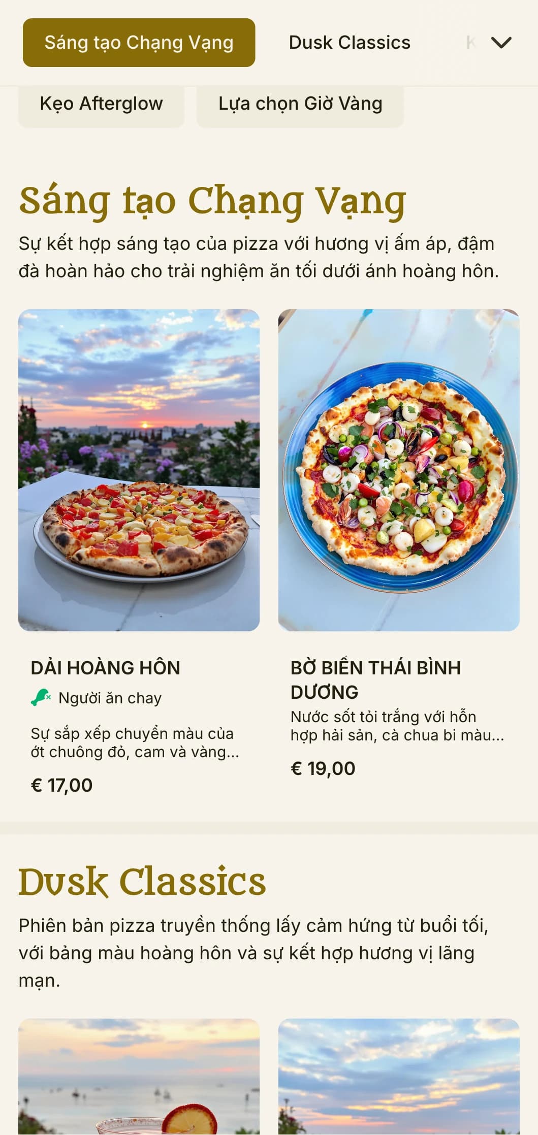 Thực đơn pizza theo chủ đề buổi tối sôi động với bảng màu hoàng hôn và các yếu tố lãng mạn.