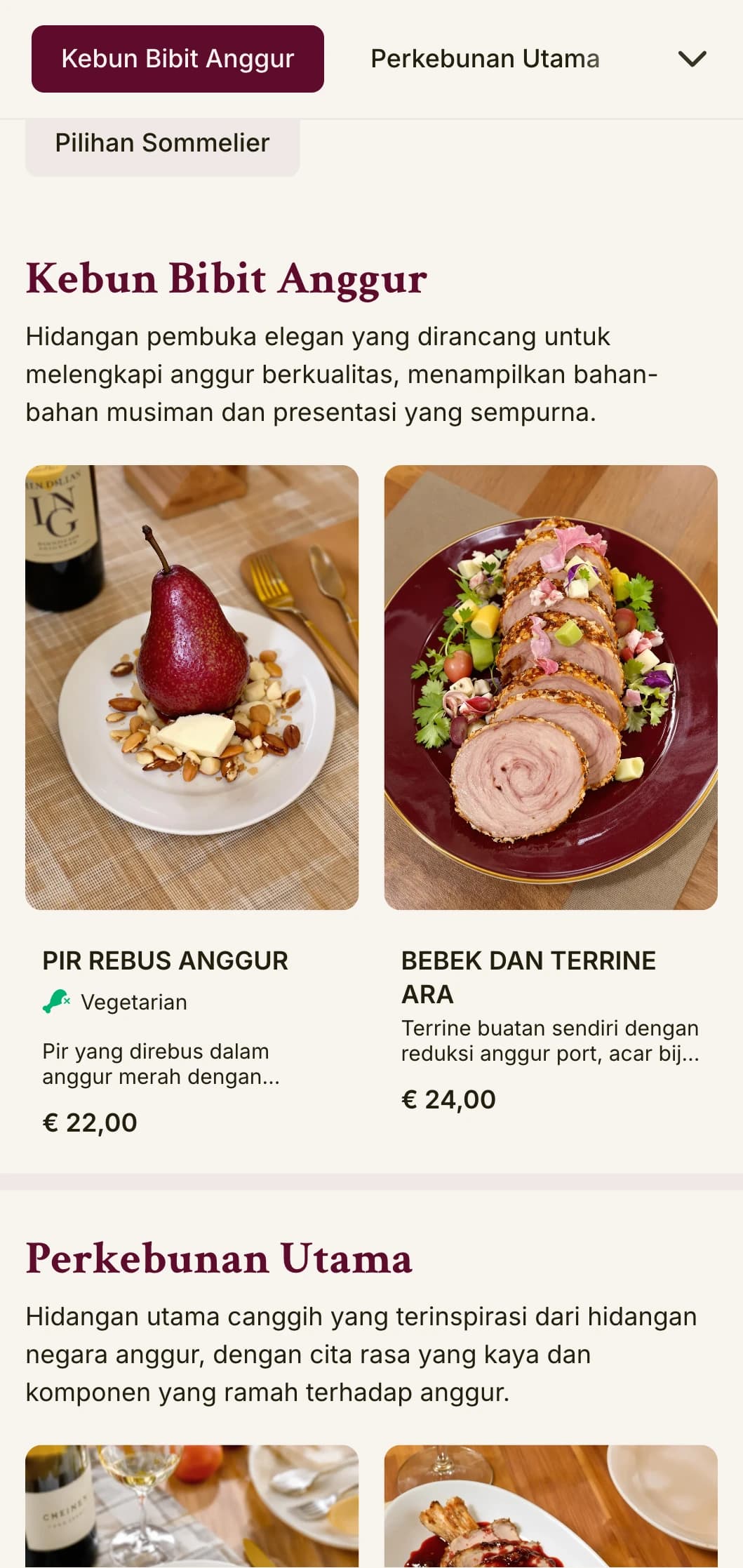 Menu makan malam yang mewah dengan warna-warna yang terinspirasi dari anggur dan tipografi yang elegan, dirancang untuk tempat makan yang memiliki program anggur yang ekstensif.