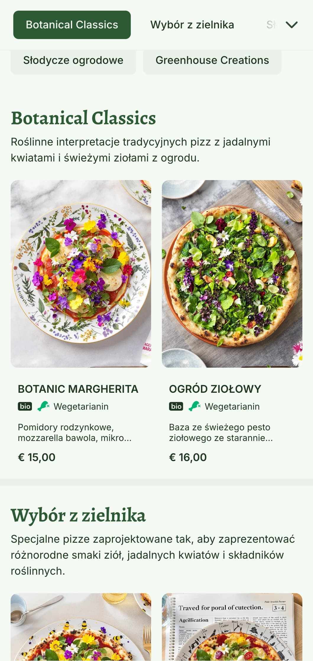 Menu pizzy na bazie roślin z ilustracjami botanicznymi i naturalnymi elementami wystroju.