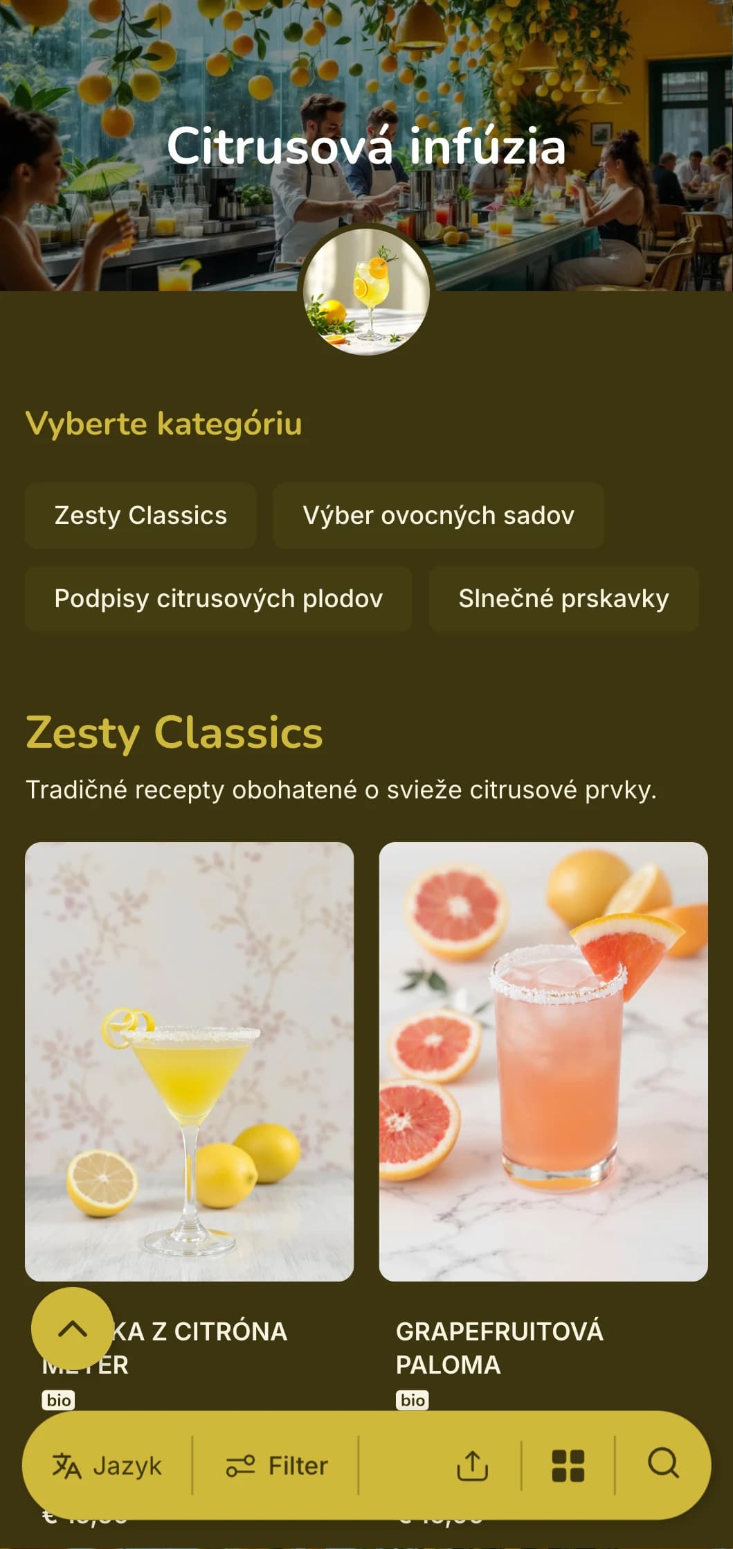 Energický žltozelený dizajn oslavujúci citrusové koktaily pre svetlé, živé bary.
